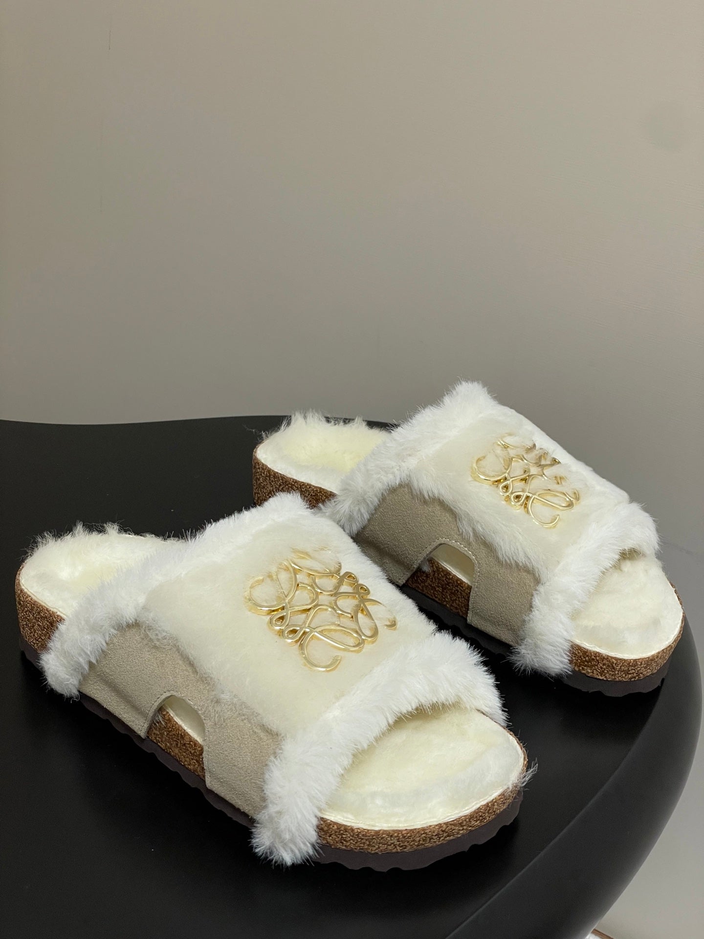 LOEWE X BIRKENSTOCK SLIPPERS WHITE GRAY FUR - 35