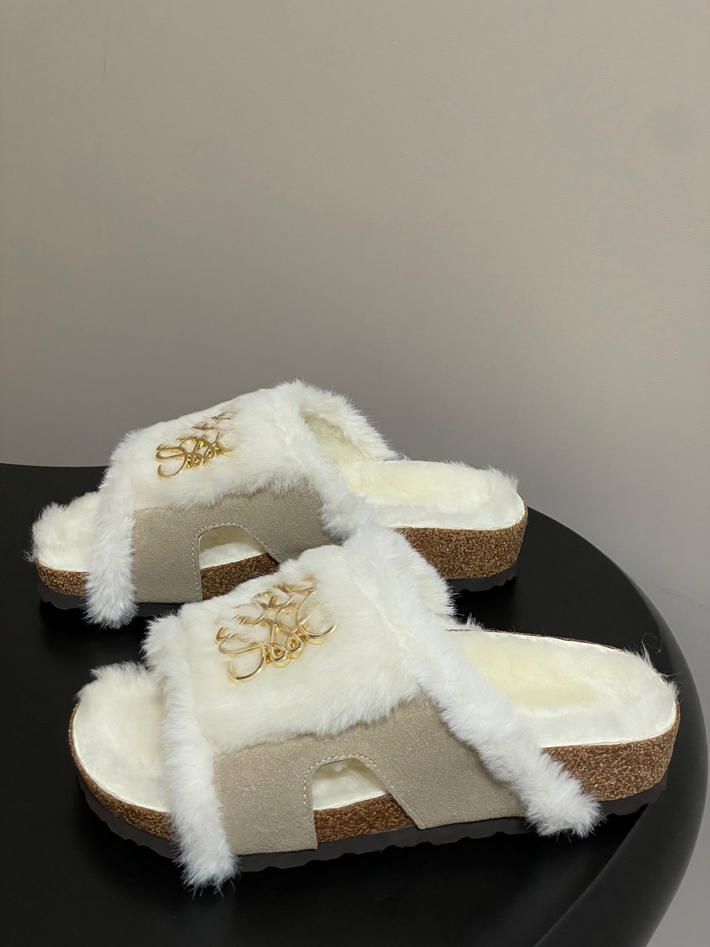 LOEWE X BIRKENSTOCK SLIPPERS WHITE GRAY FUR - 35