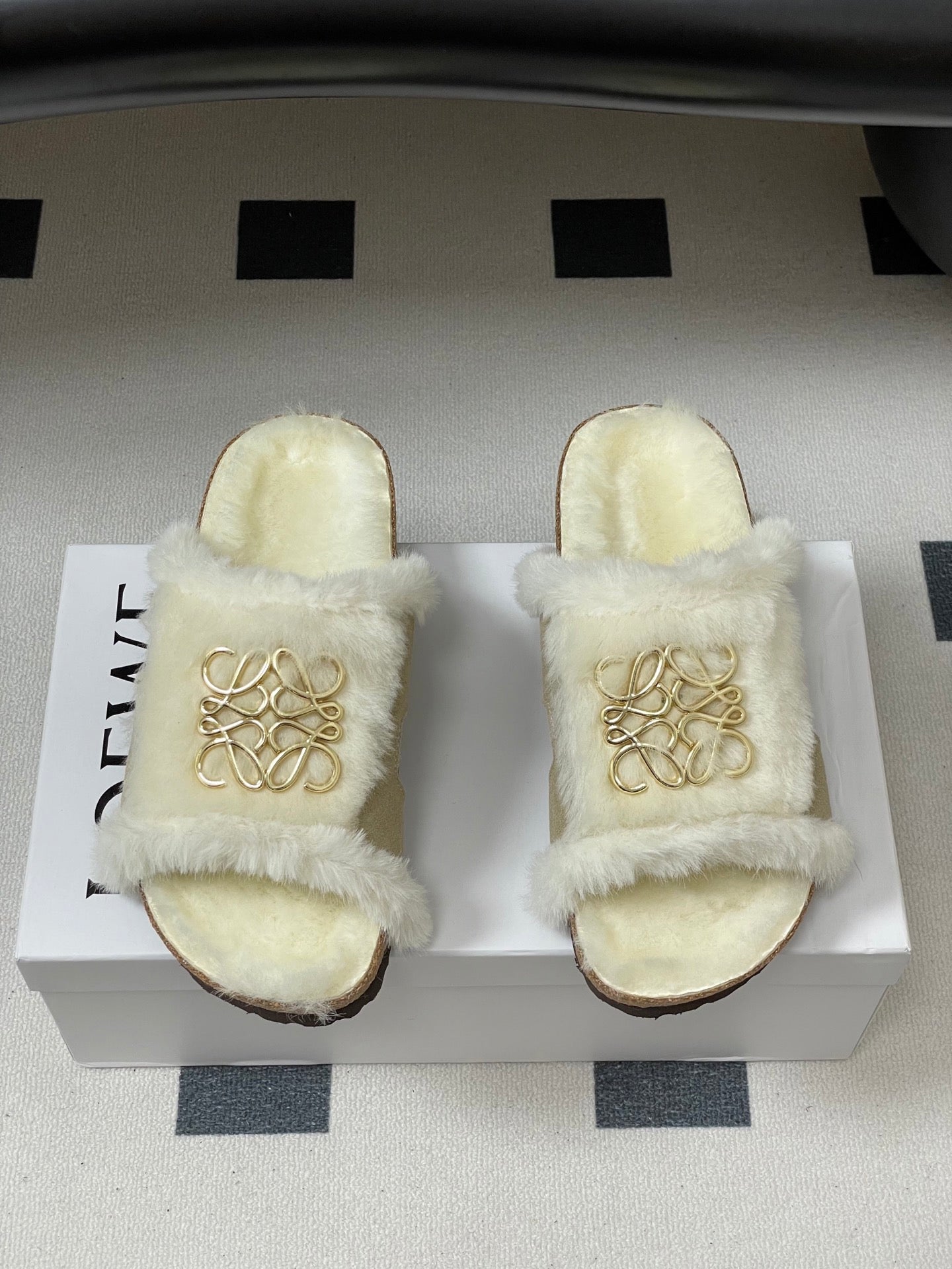LOEWE X BIRKENSTOCK SLIPPERS WHITE GRAY FUR - 35