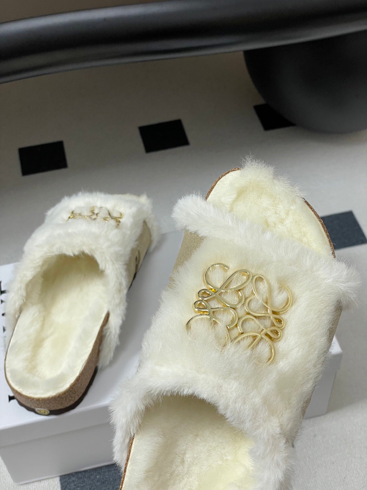 LOEWE X BIRKENSTOCK SLIPPERS WHITE GRAY FUR - 35