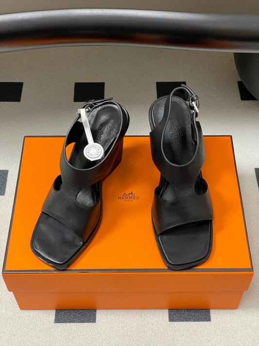 HM 25S KALYA WEDGE SANDAL 100 MM IN BLACK LAMBSKIN - 35
