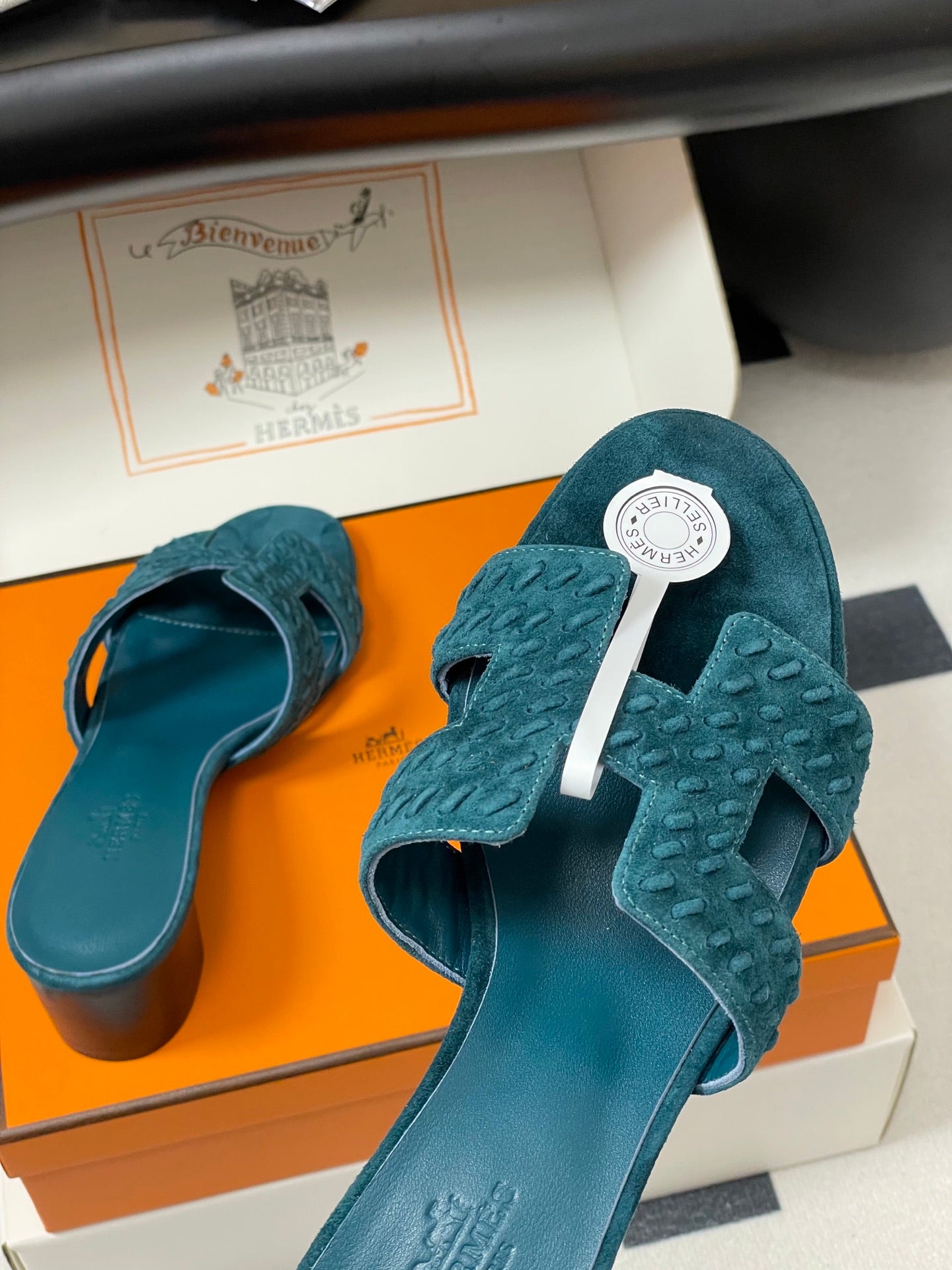HM 25S ORAN HIGH‑HEEL SANDAL IN DARK BLUE SUEDE AND LAMBSKIN - 35