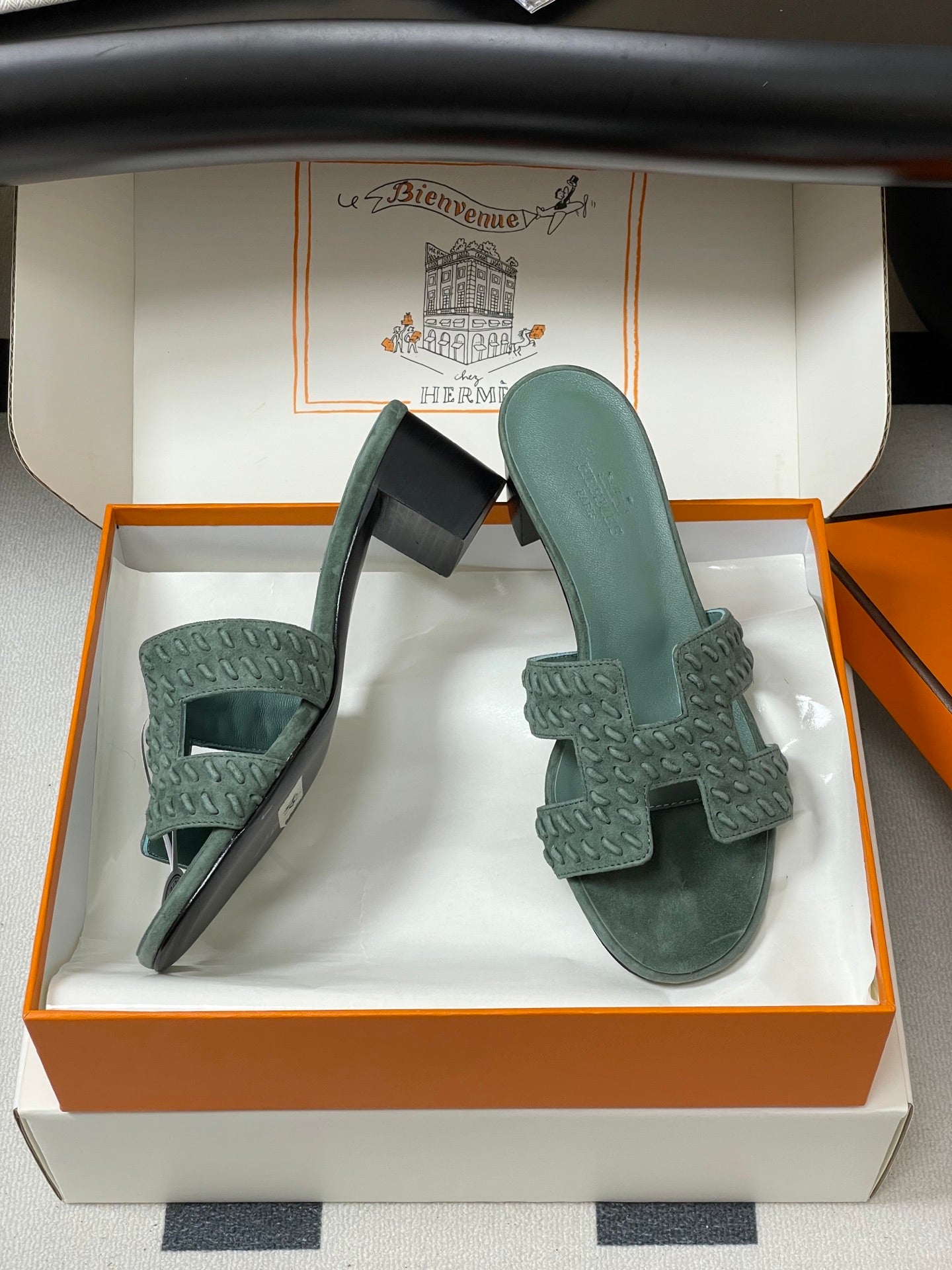 HM 25S ORAN HIGH‑HEEL SANDAL IN MUTED MINT GREEN SUEDE AND LAMBSKIN - 35