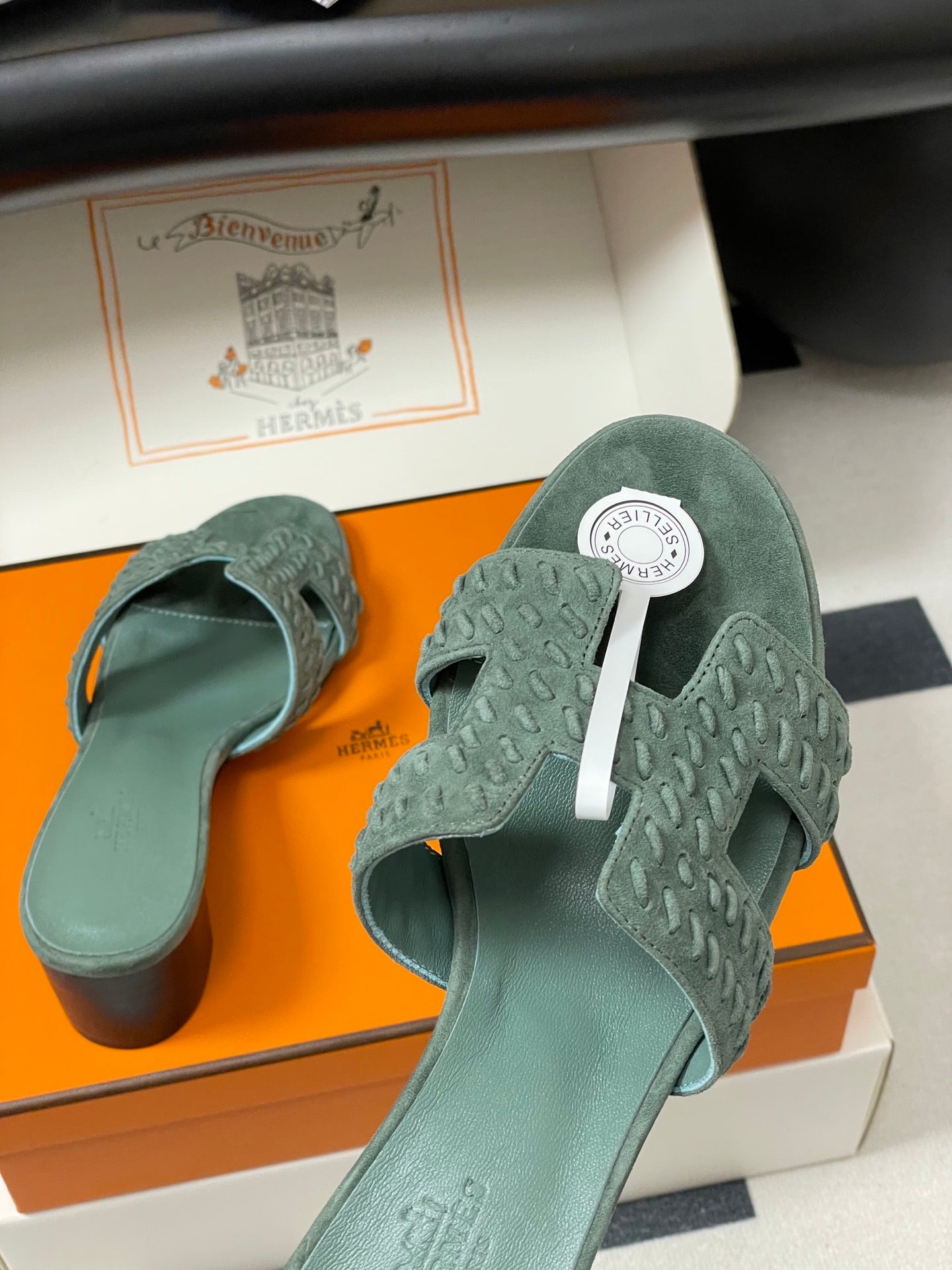 HM 25S ORAN HIGH‑HEEL SANDAL IN MUTED MINT GREEN SUEDE AND LAMBSKIN - 35