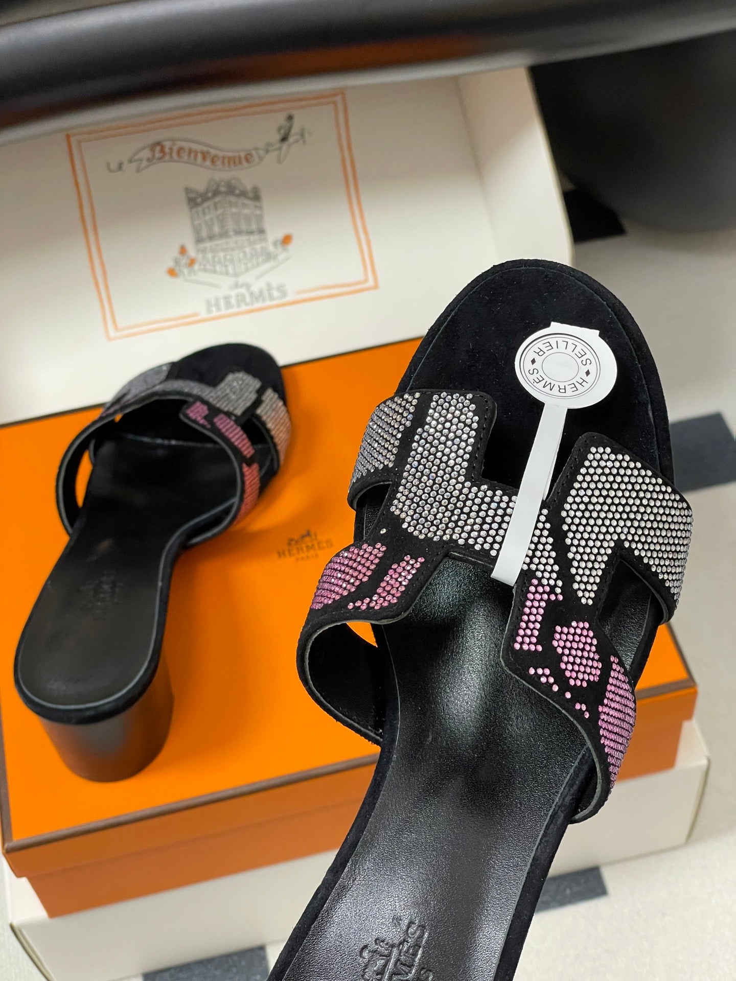 HM 25S ORAN HIGH‑HEEL SANDAL 50 MM IN BLACK LAMBSKIN WITH WHITE MIX PINK STONE DETAILS - 35