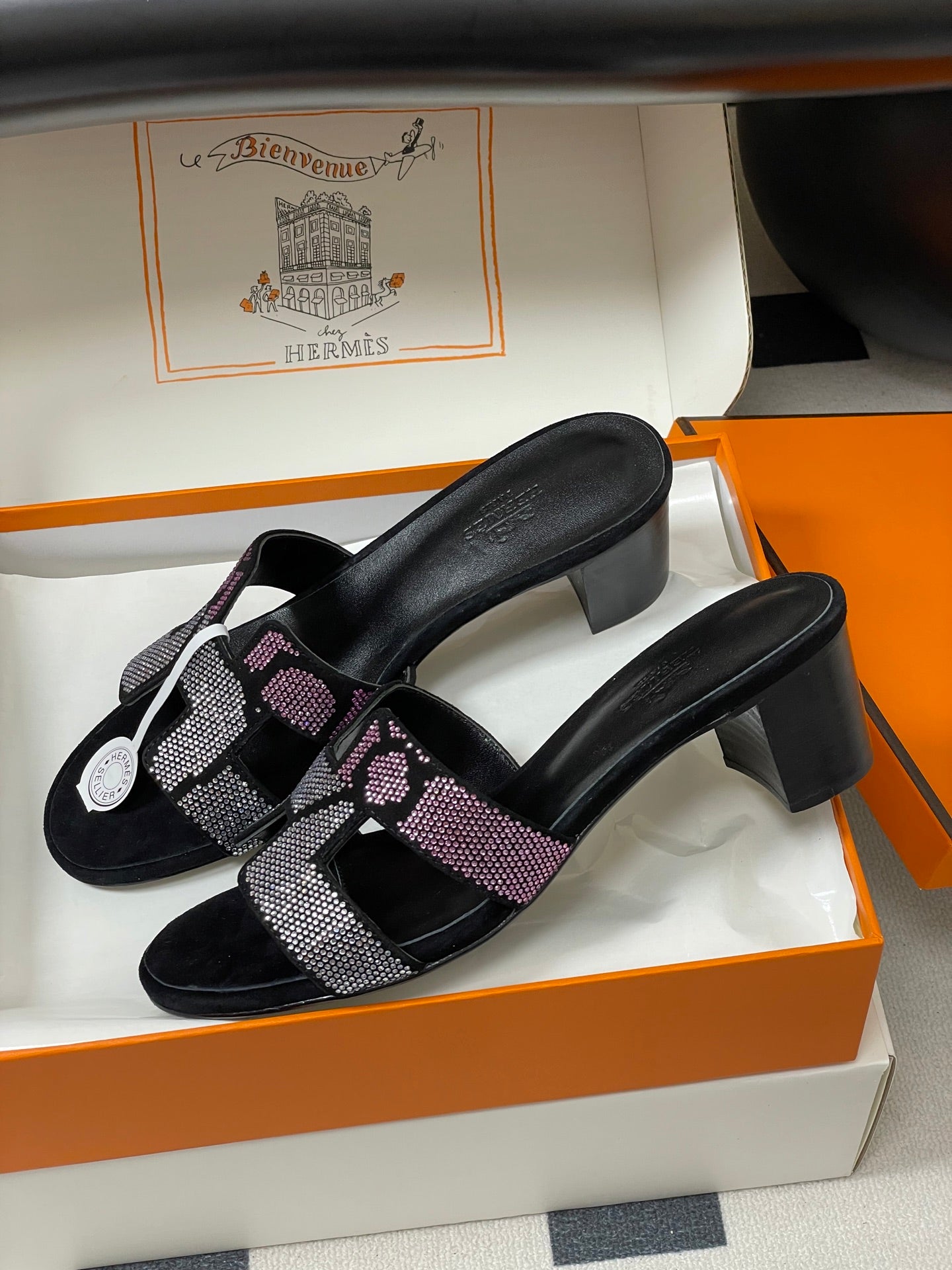 HM 25S ORAN HIGH‑HEEL SANDAL 50 MM IN BLACK LAMBSKIN WITH WHITE MIX PINK STONE DETAILS - 35