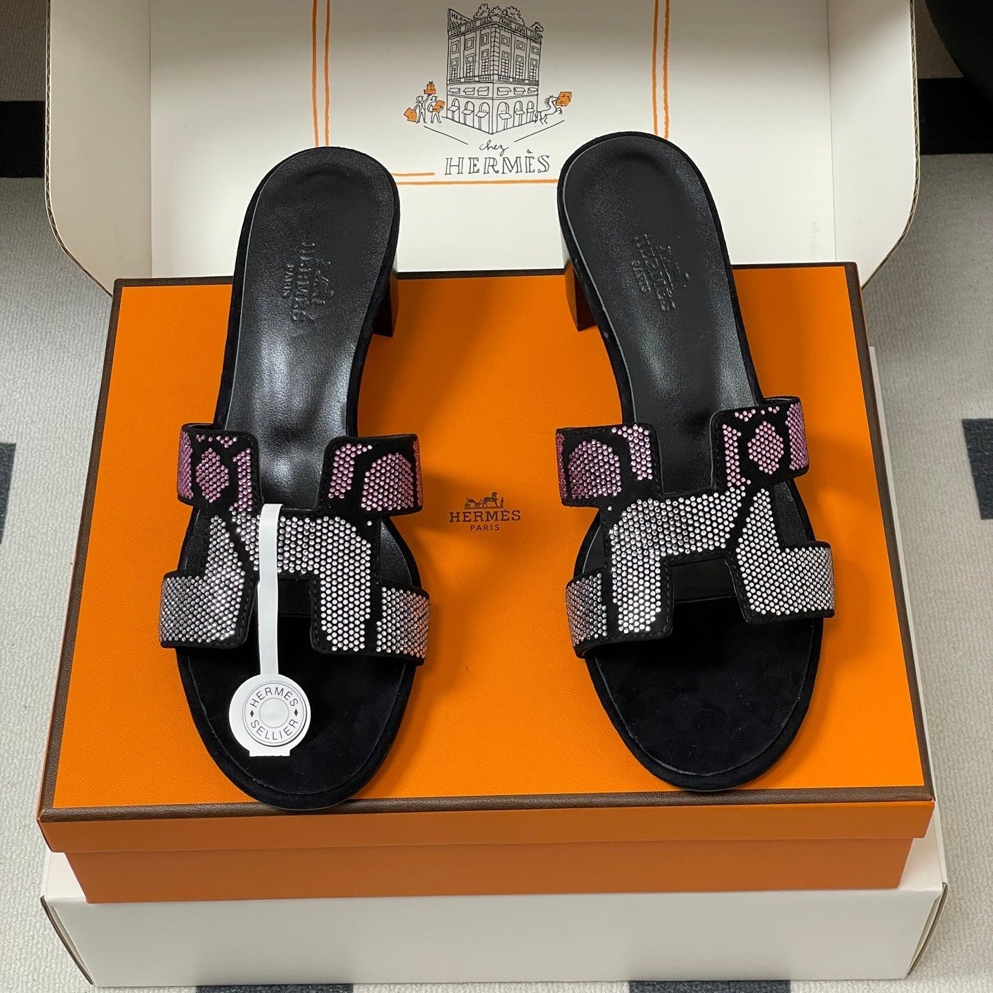 HM 25S ORAN HIGH‑HEEL SANDAL 50 MM IN BLACK LAMBSKIN WITH WHITE MIX PINK STONE DETAILS - 35