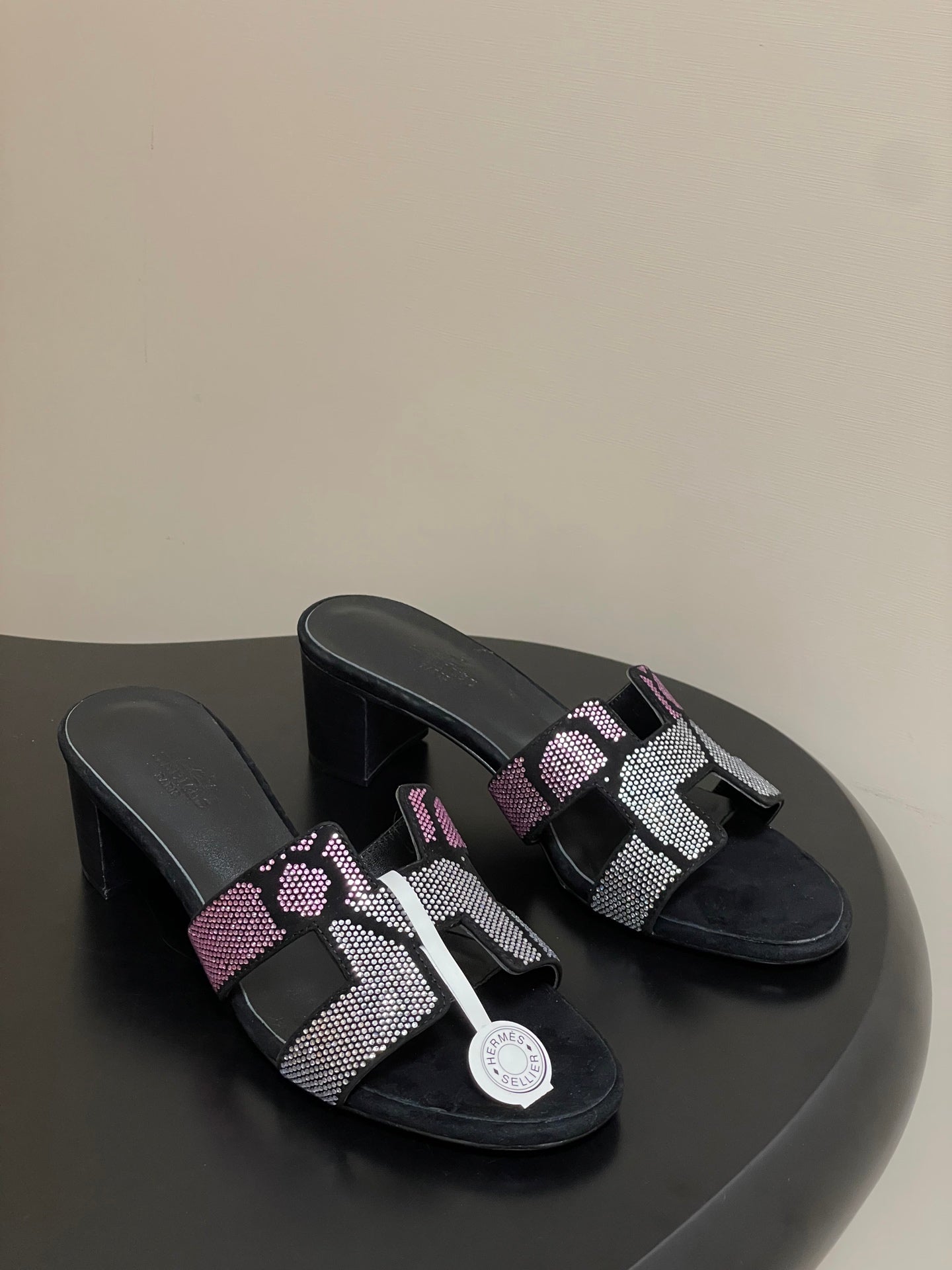 HM 25S ORAN HIGH‑HEEL SANDAL 50 MM IN BLACK LAMBSKIN WITH WHITE MIX PINK STONE DETAILS - 35