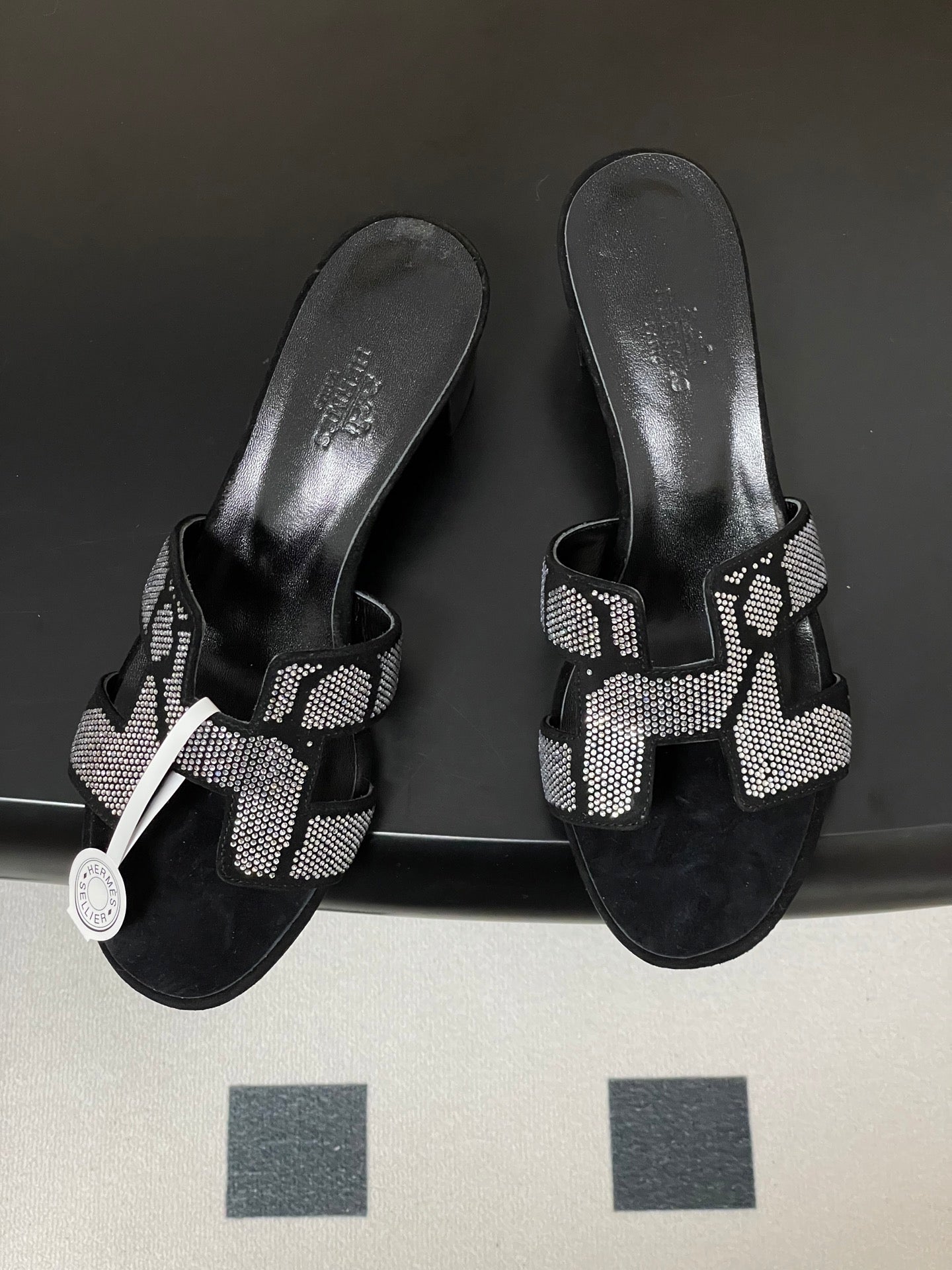 HM 25S ORAN HIGH‑HEEL SANDAL 50 MM IN BLACK LAMBSKIN WITH WHITE STONE DETAILS - 35