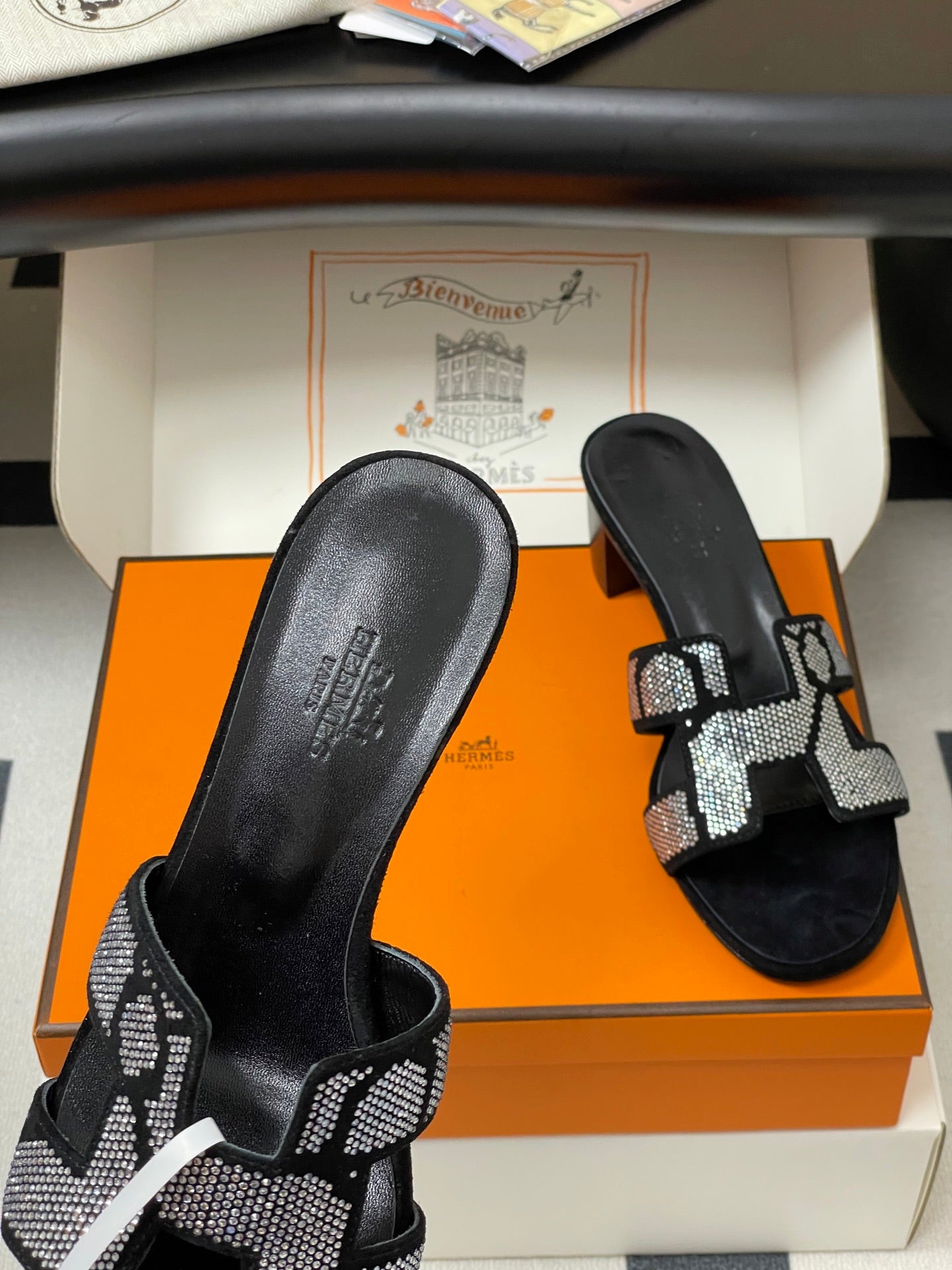 HM 25S ORAN HIGH‑HEEL SANDAL 50 MM IN BLACK LAMBSKIN WITH WHITE STONE DETAILS - 35
