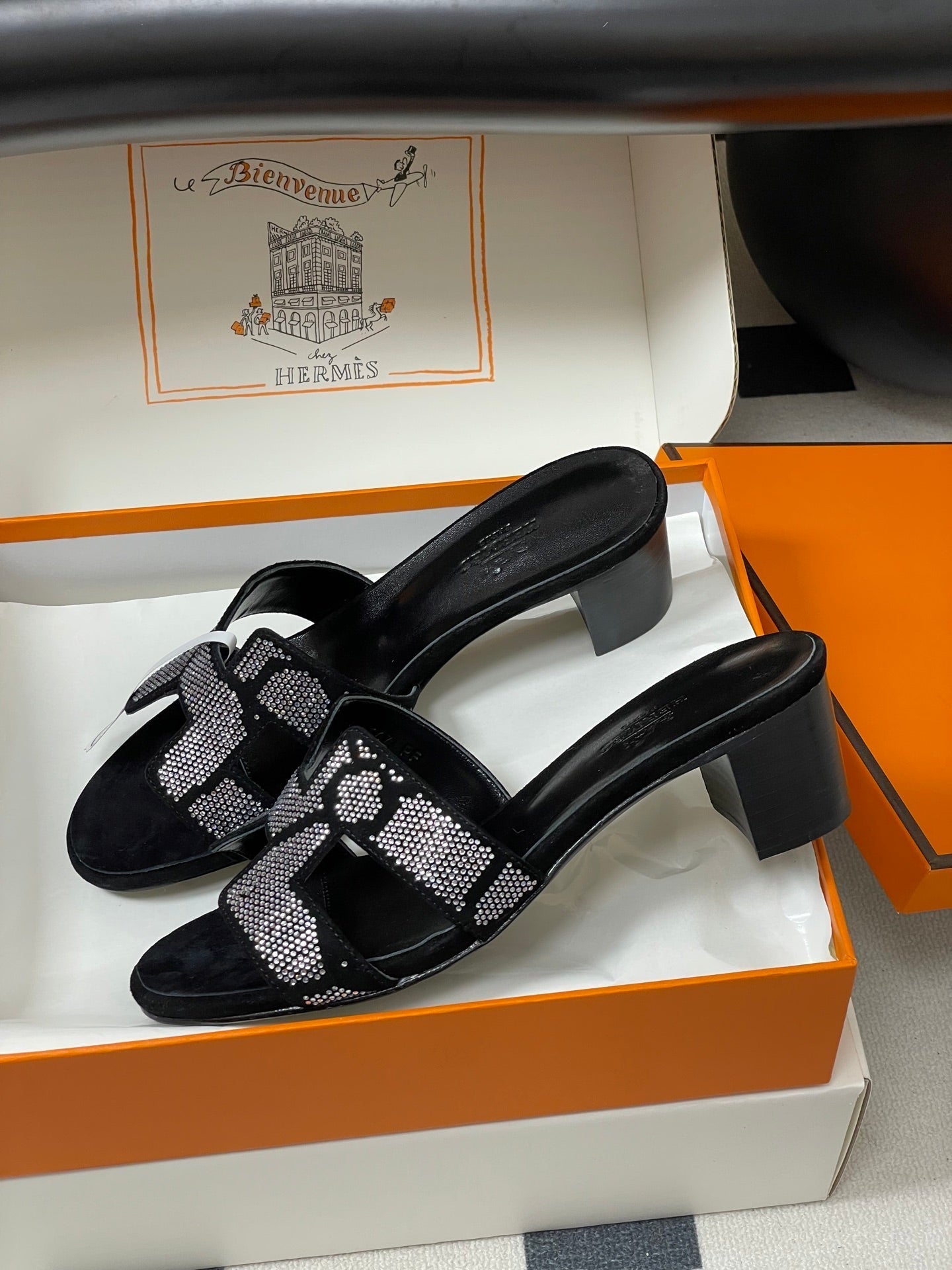 HM 25S ORAN HIGH‑HEEL SANDAL 50 MM IN BLACK LAMBSKIN WITH WHITE STONE DETAILS - 35