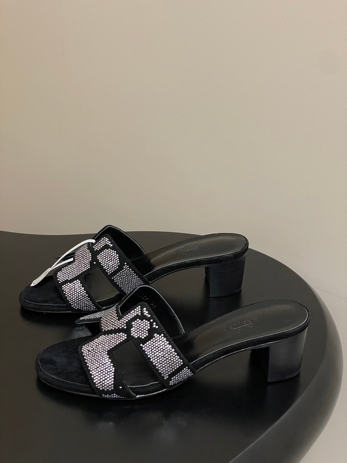 HM 25S ORAN HIGH‑HEEL SANDAL 50 MM IN BLACK LAMBSKIN WITH WHITE STONE DETAILS - 35