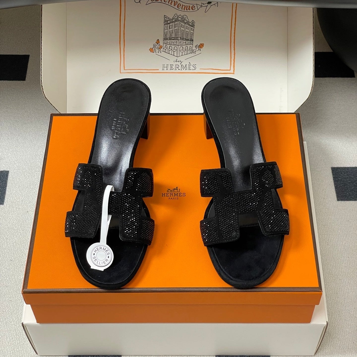 HM 25S ORAN HIGH‑HEEL SANDAL 50 MM IN BLACK LAMBSKIN WITH STONE DETAILS - 35