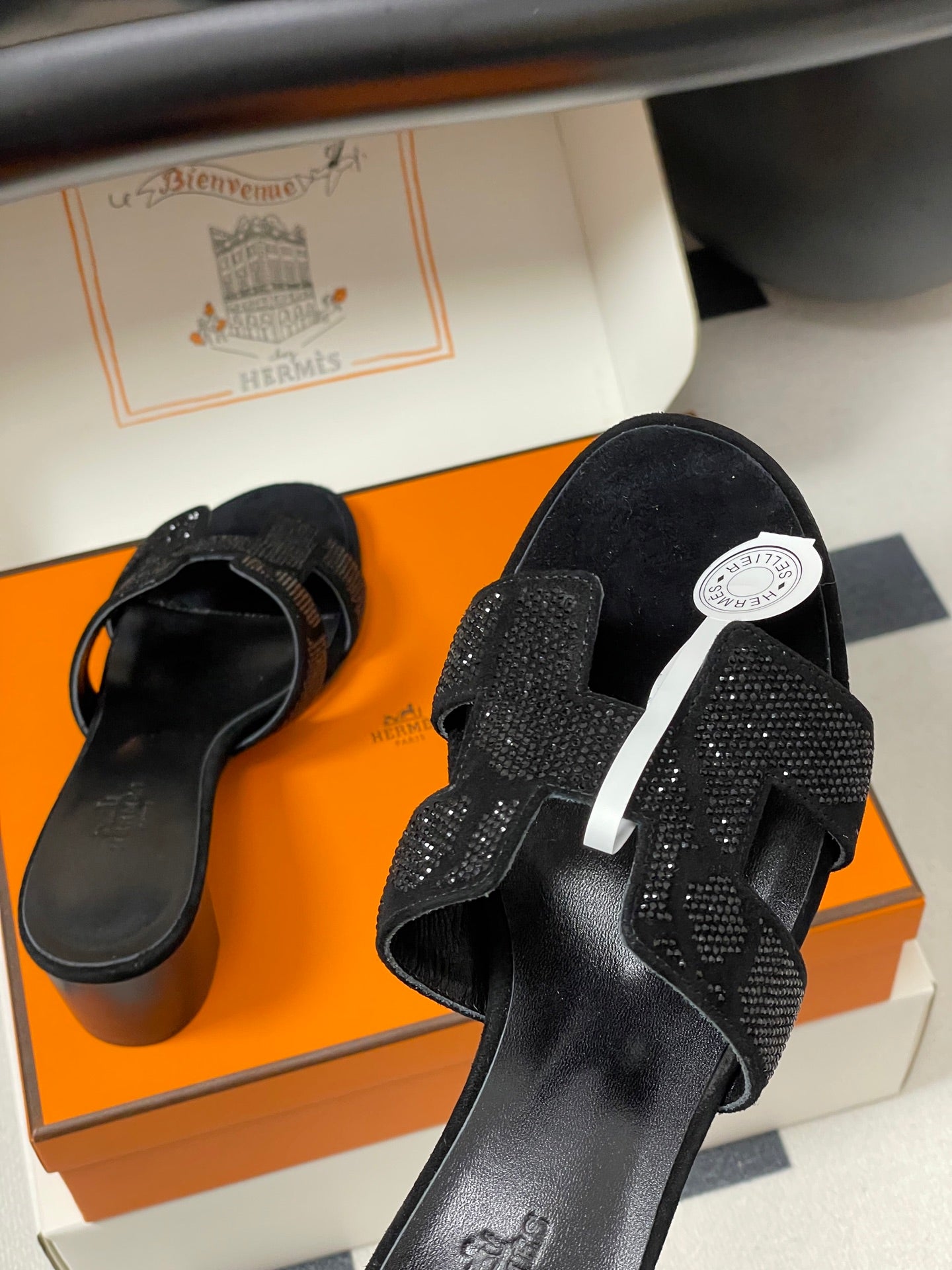 HM 25S ORAN HIGH‑HEEL SANDAL 50 MM IN BLACK LAMBSKIN WITH STONE DETAILS - 35