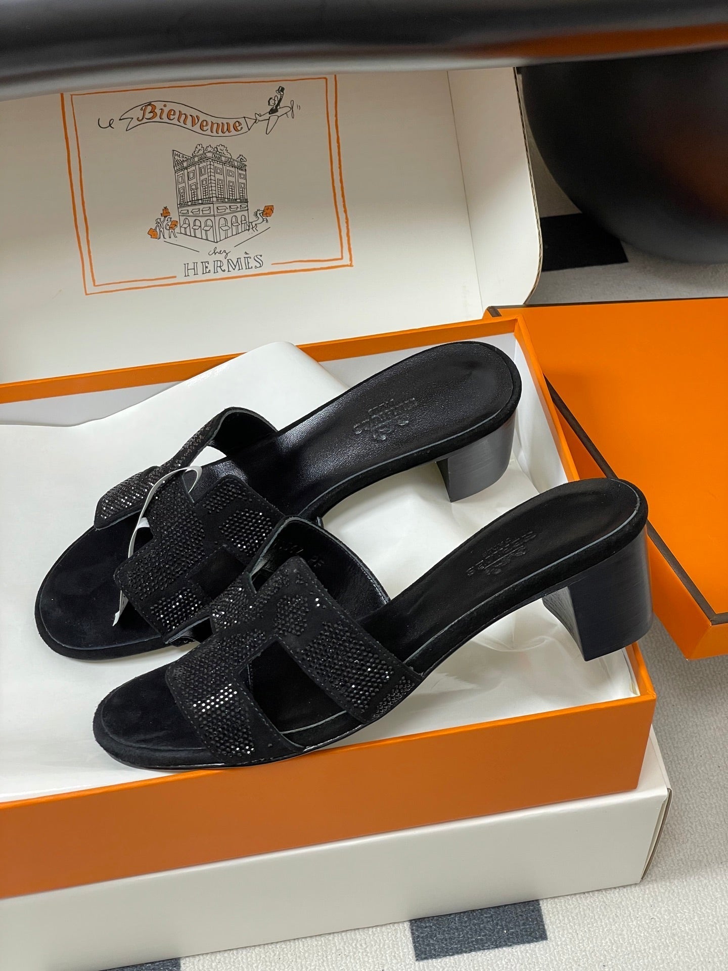 HM 25S ORAN HIGH‑HEEL SANDAL 50 MM IN BLACK LAMBSKIN WITH STONE DETAILS - 35