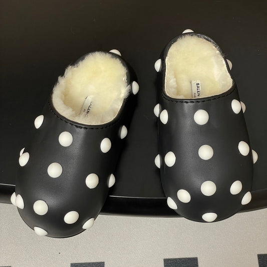 BALENCIAGA 25S FUR-LINED MULES IN BLACK AND WHITE FAUX LEATHER - 35