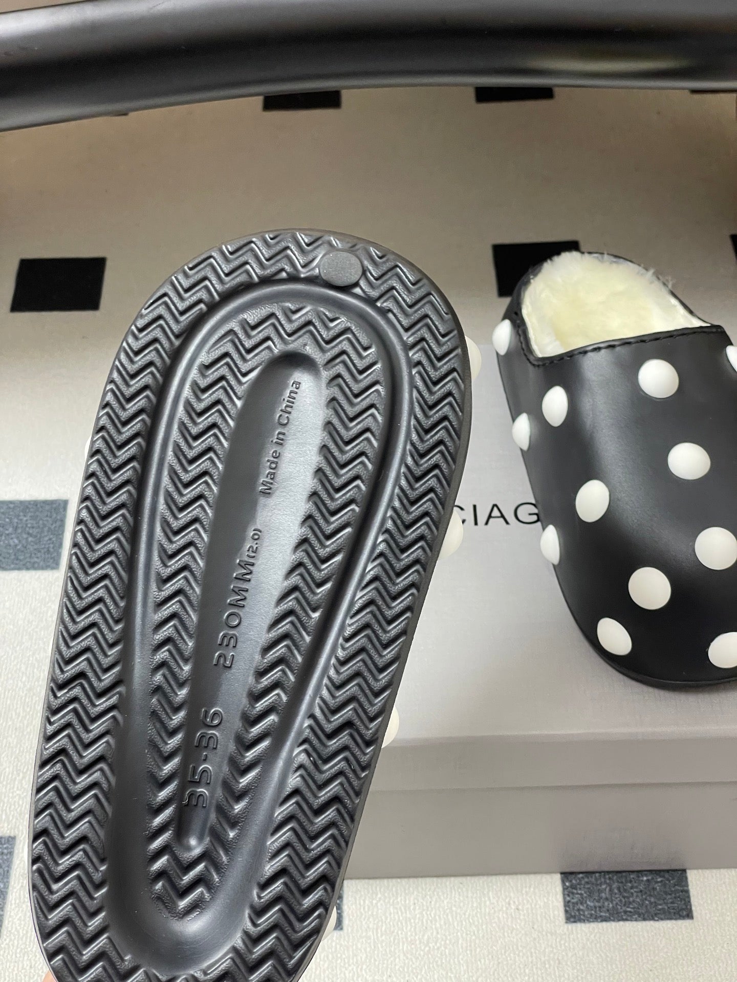 BALENCIAGA 25S FUR-LINED MULES IN BLACK AND WHITE FAUX LEATHER - 35