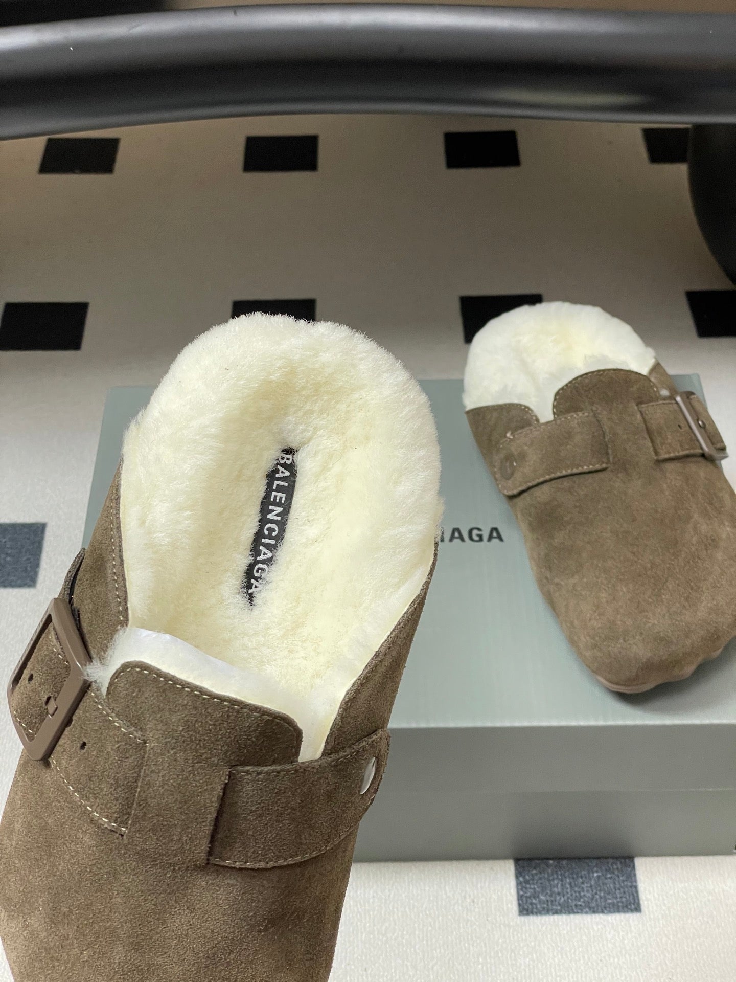 BALENCIAGA 25S FUR-LINED MULES IN DARK EARTH BROWN FAUX LEATHER - 35