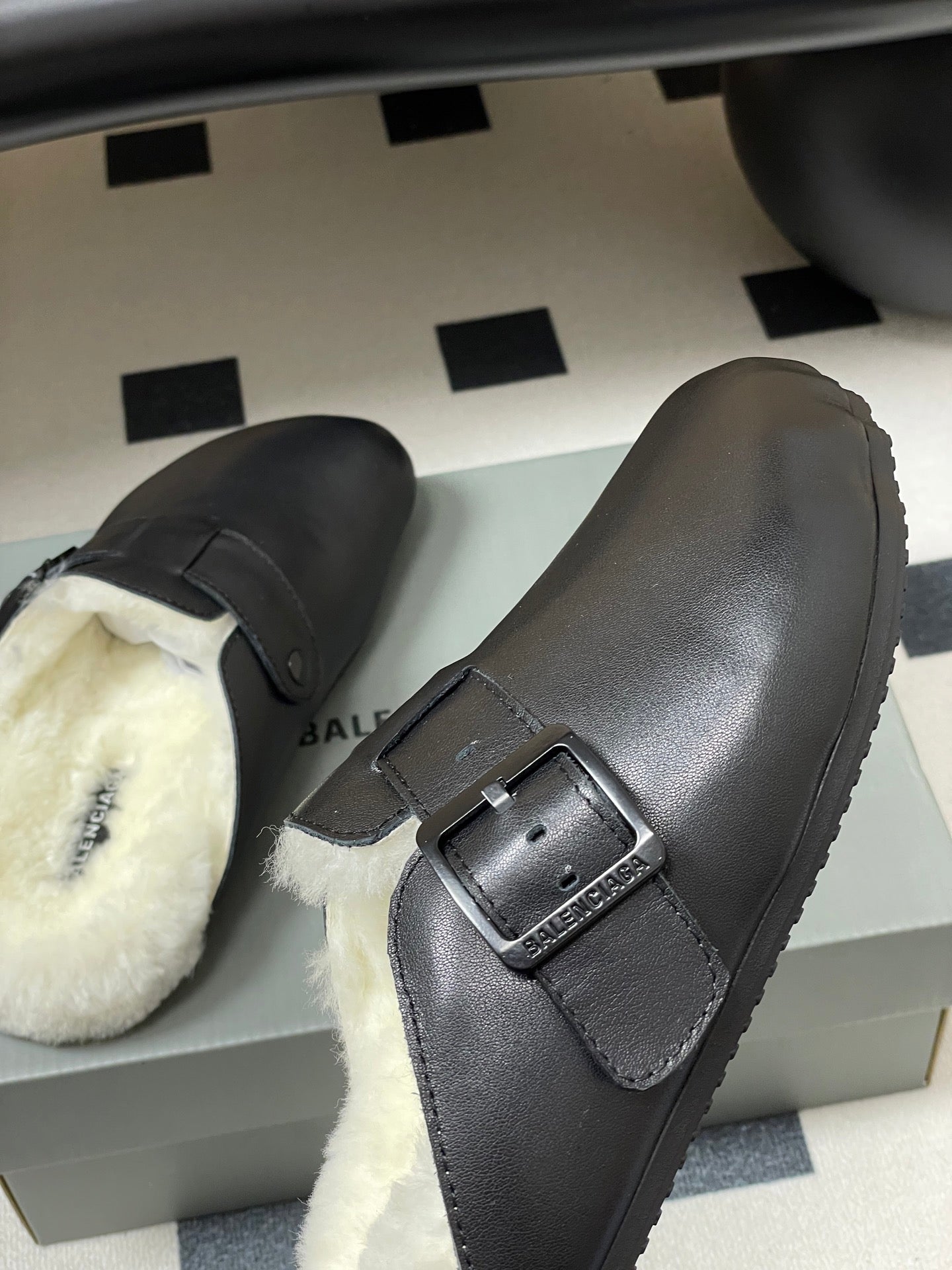 BALENCIAGA 25S FUR-LINED MULES IN BLACK FAUX LEATHER - 35