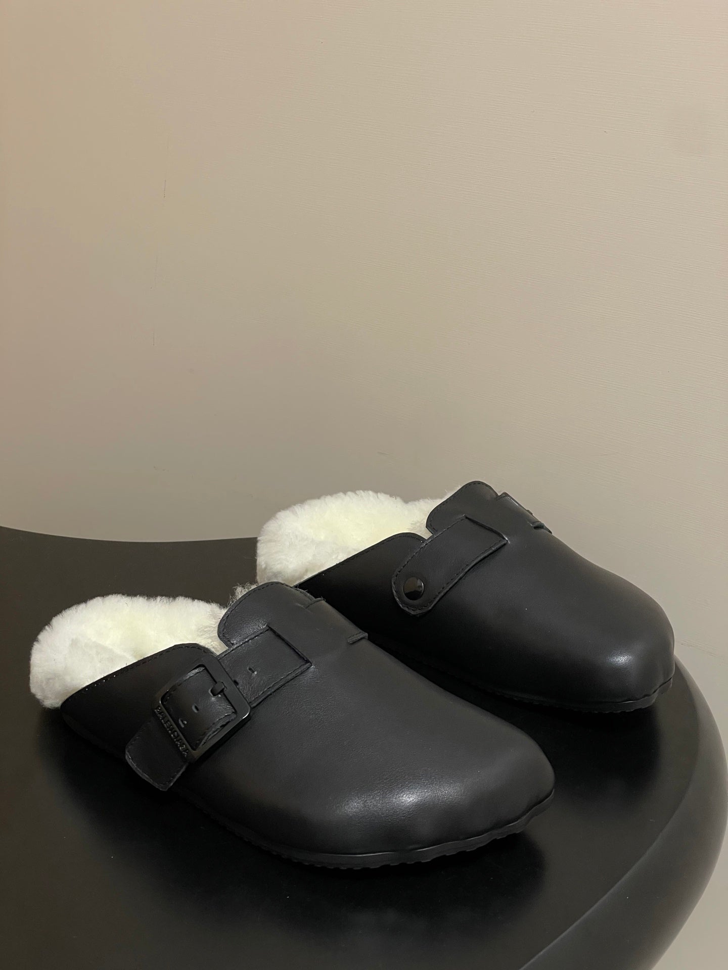BALENCIAGA 25S FUR-LINED MULES IN BLACK FAUX LEATHER - 35