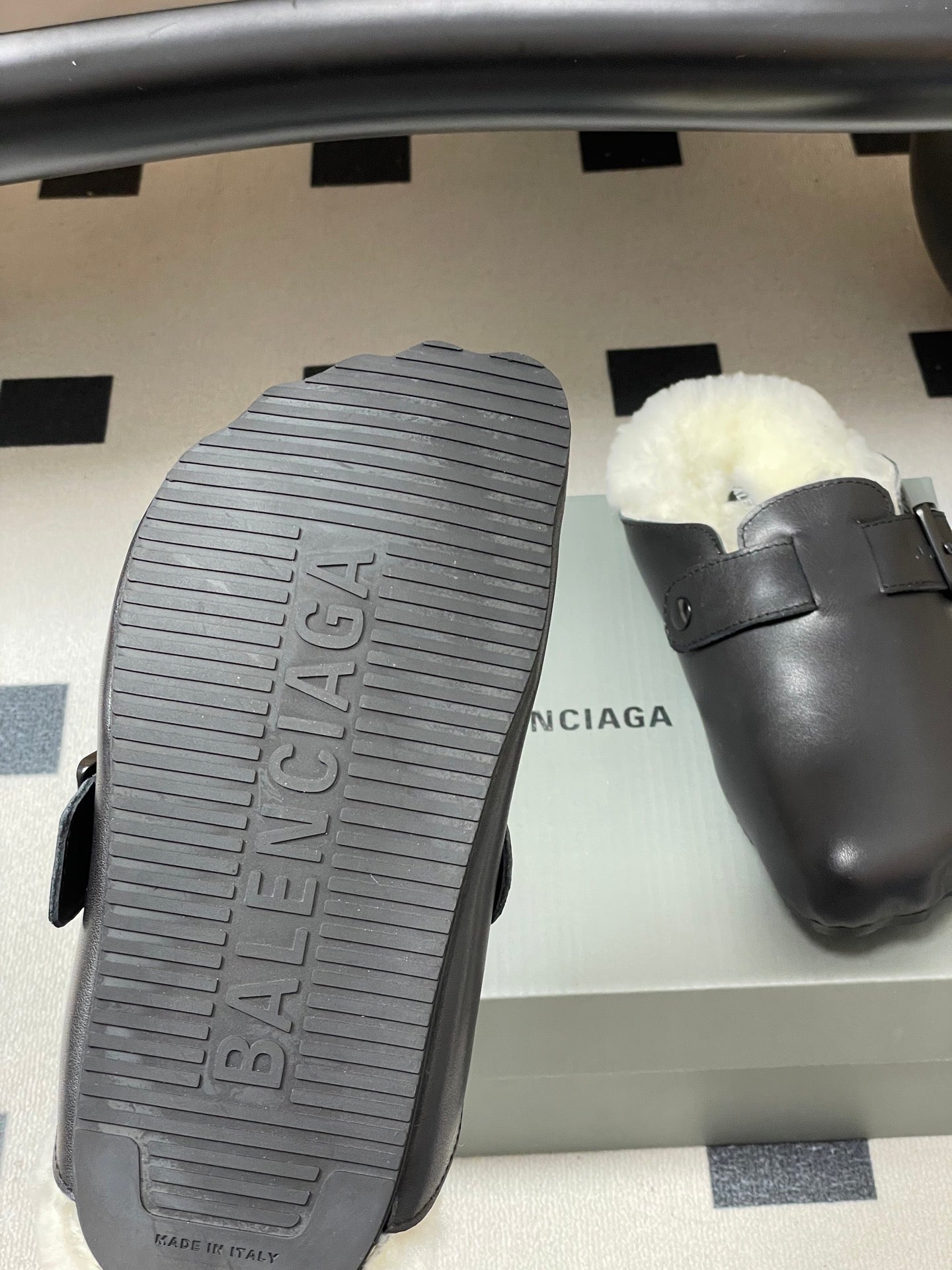 BALENCIAGA 25S FUR-LINED MULES IN BLACK FAUX LEATHER - 35