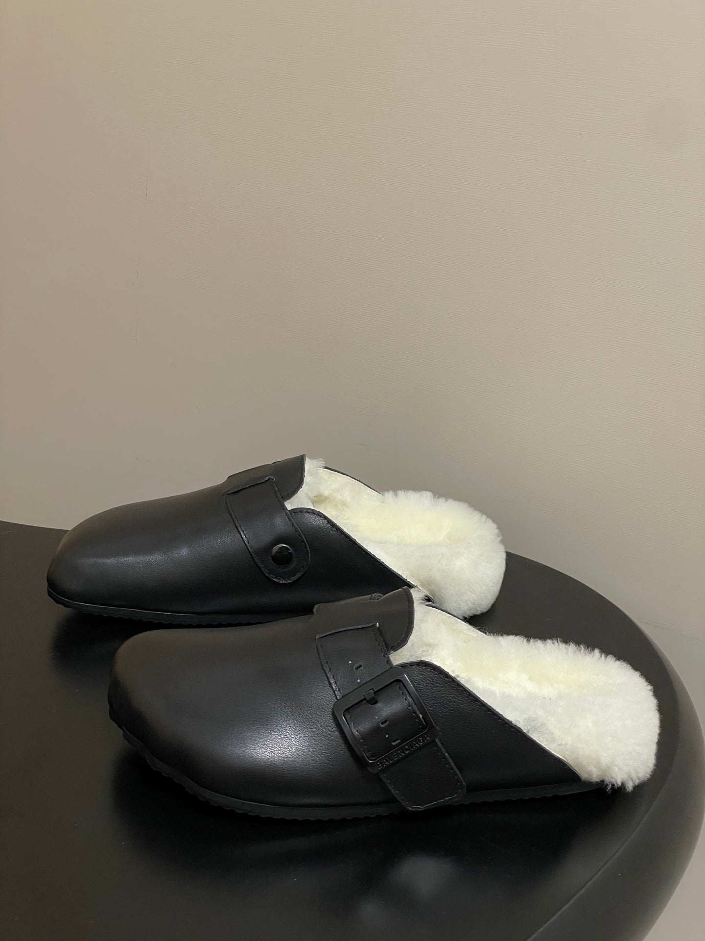 BALENCIAGA 25S FUR-LINED MULES IN BLACK FAUX LEATHER - 35