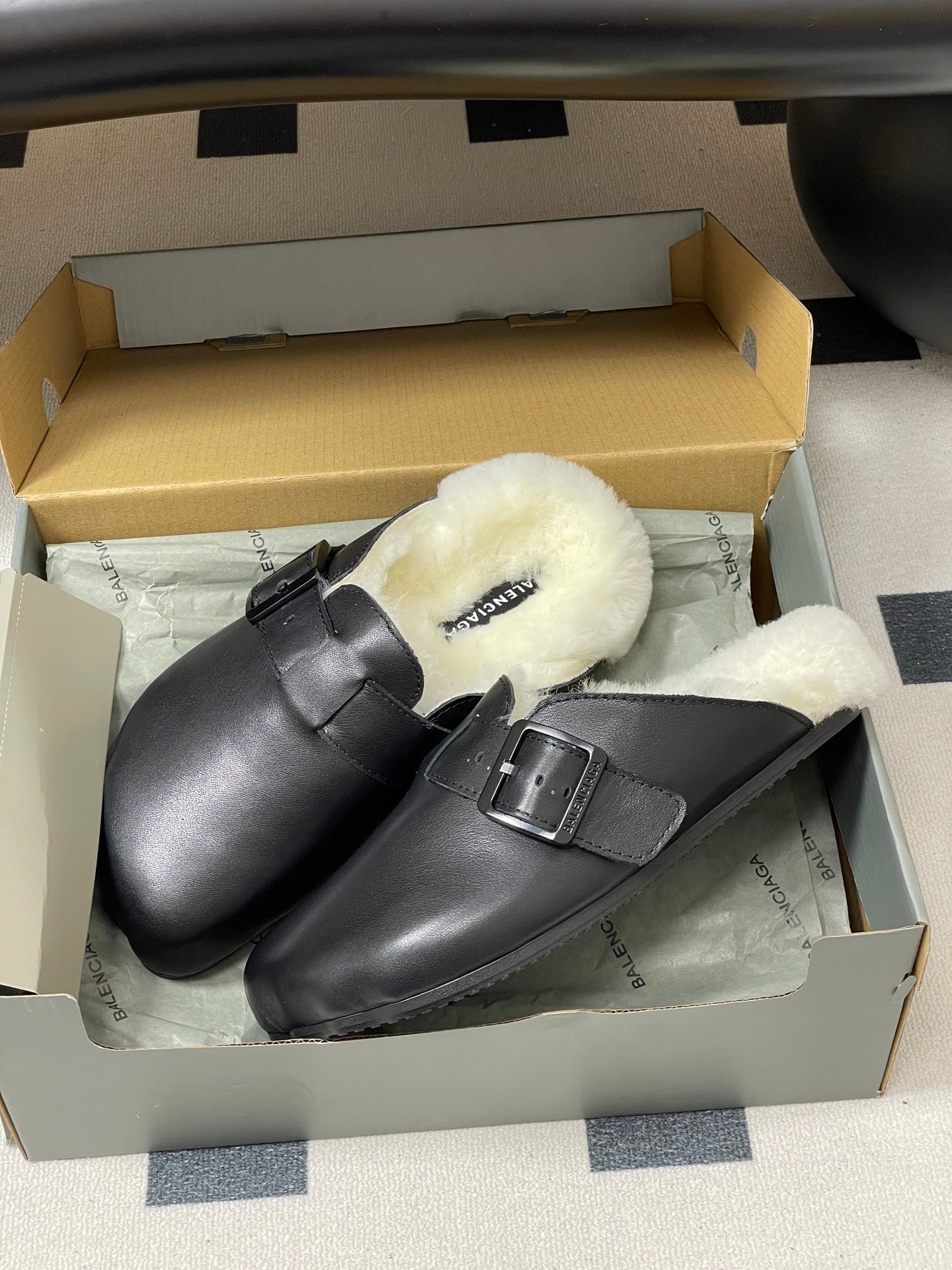 BALENCIAGA 25S FUR-LINED MULES IN BLACK FAUX LEATHER - 35