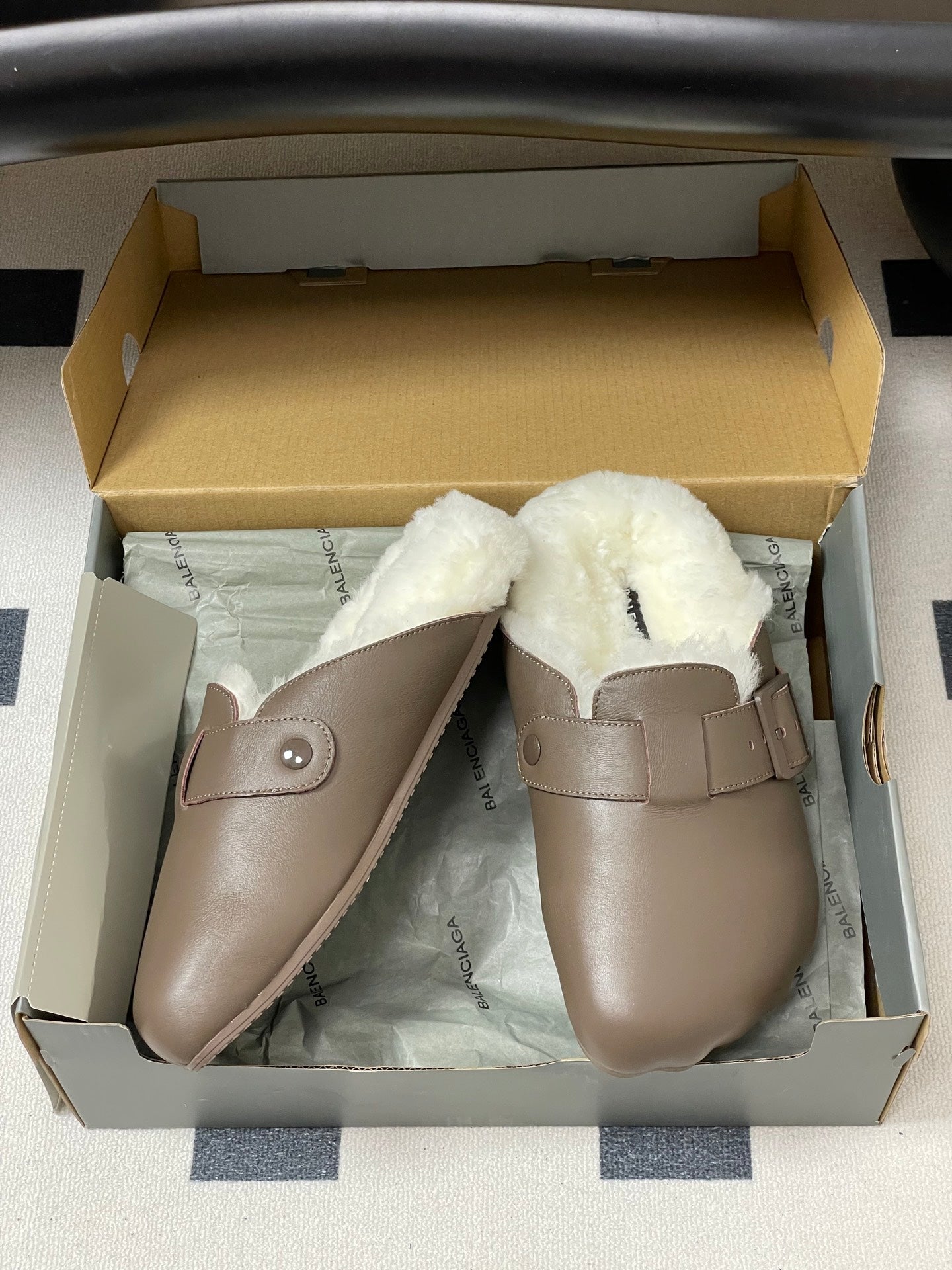 BALENCIAGA 25S FUR-LINED MULES IN TAUPE GRAY FAUX LEATHER - 35