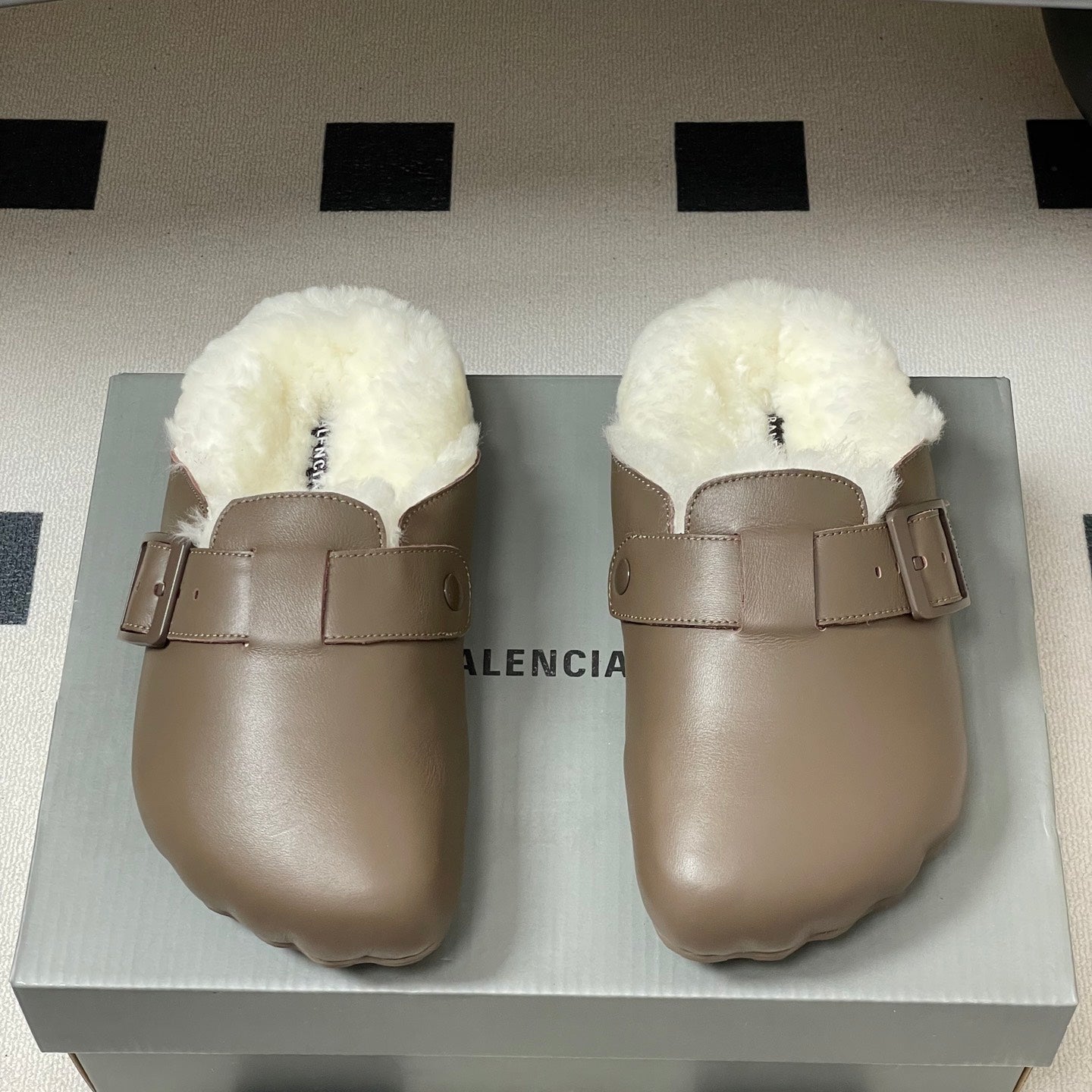 BALENCIAGA 25S FUR-LINED MULES IN TAUPE GRAY FAUX LEATHER - 35