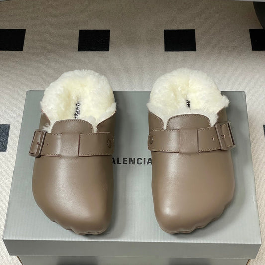 BALENCIAGA 25S FUR-LINED MULES IN TAUPE GRAY FAUX LEATHER - 35