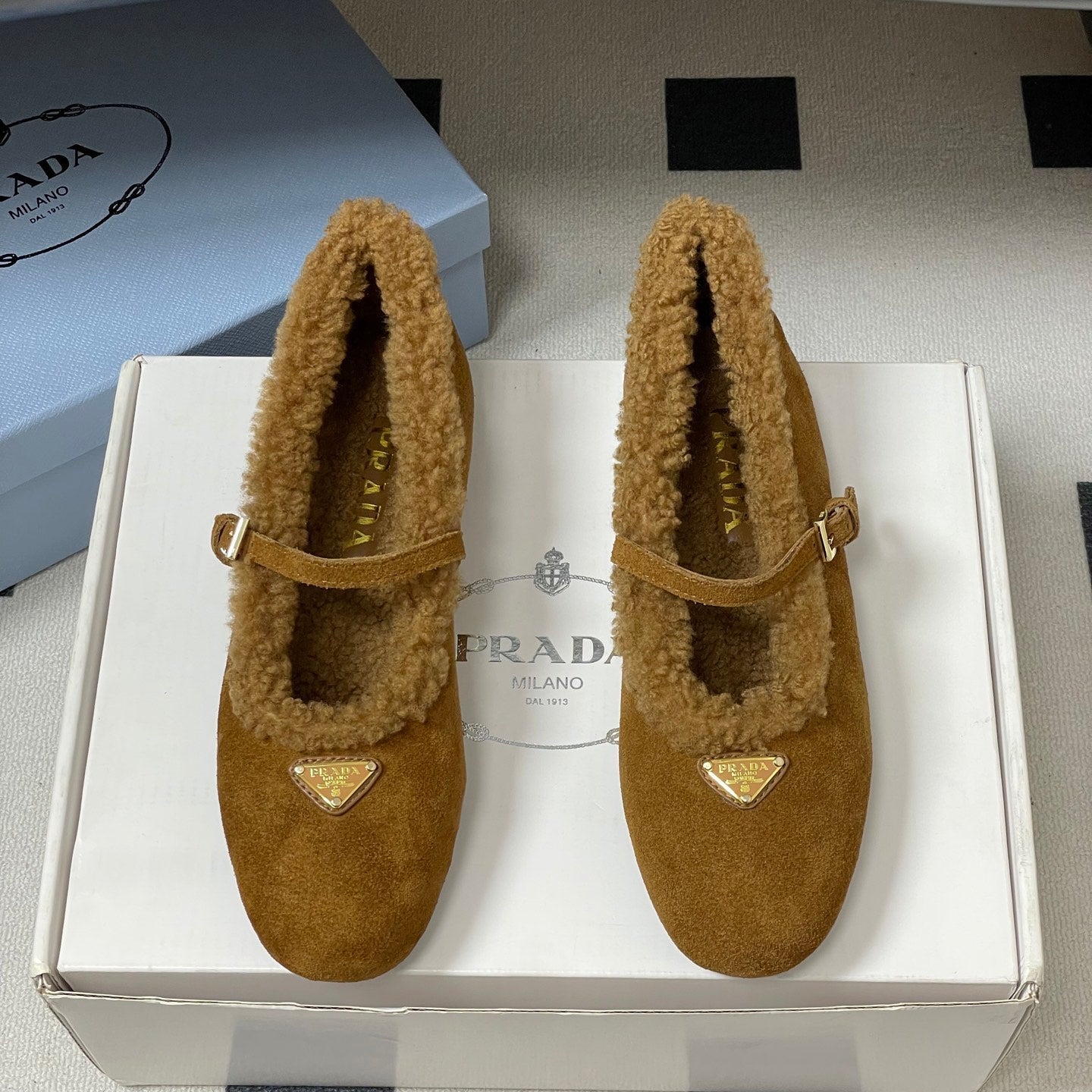 PRADA 25S MARY JANE FLATS IN DARK WALNUT BROWN SUEDE WITH GOLD HARDWARE - 35