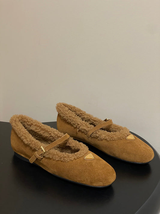 PRADA 25S MARY JANE FLATS IN DARK WALNUT BROWN SUEDE WITH GOLD HARDWARE - 35