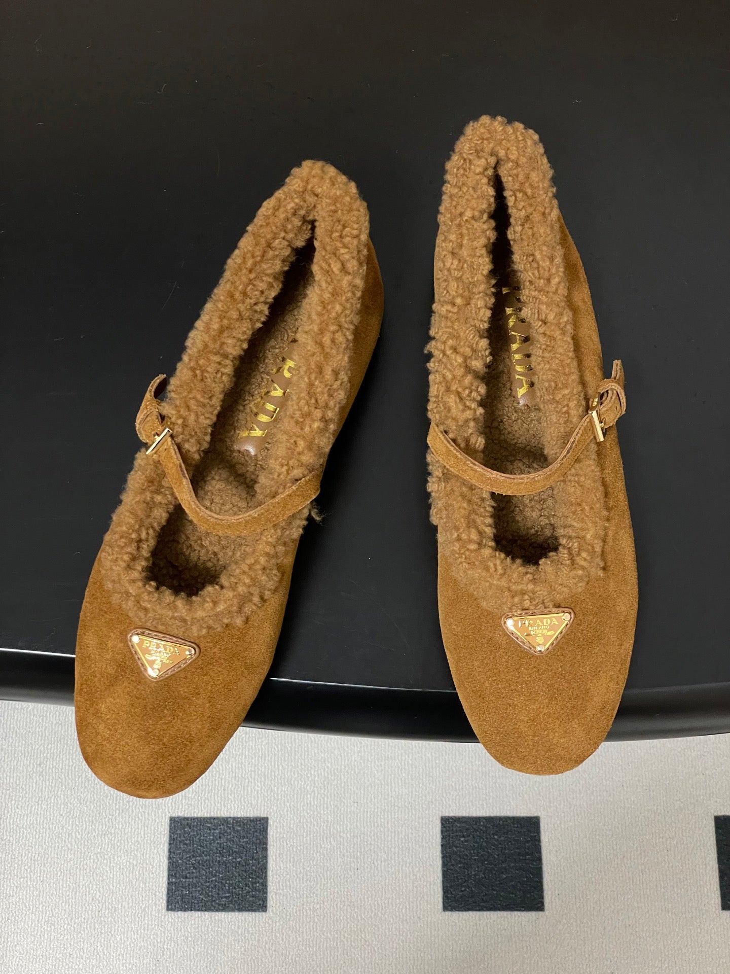 PRADA 25S MARY JANE FLATS IN DARK WALNUT BROWN SUEDE WITH GOLD HARDWARE - 35