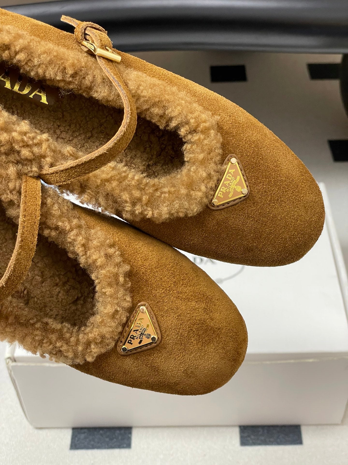 PRADA 25S MARY JANE FLATS IN DARK WALNUT BROWN SUEDE WITH GOLD HARDWARE - 35
