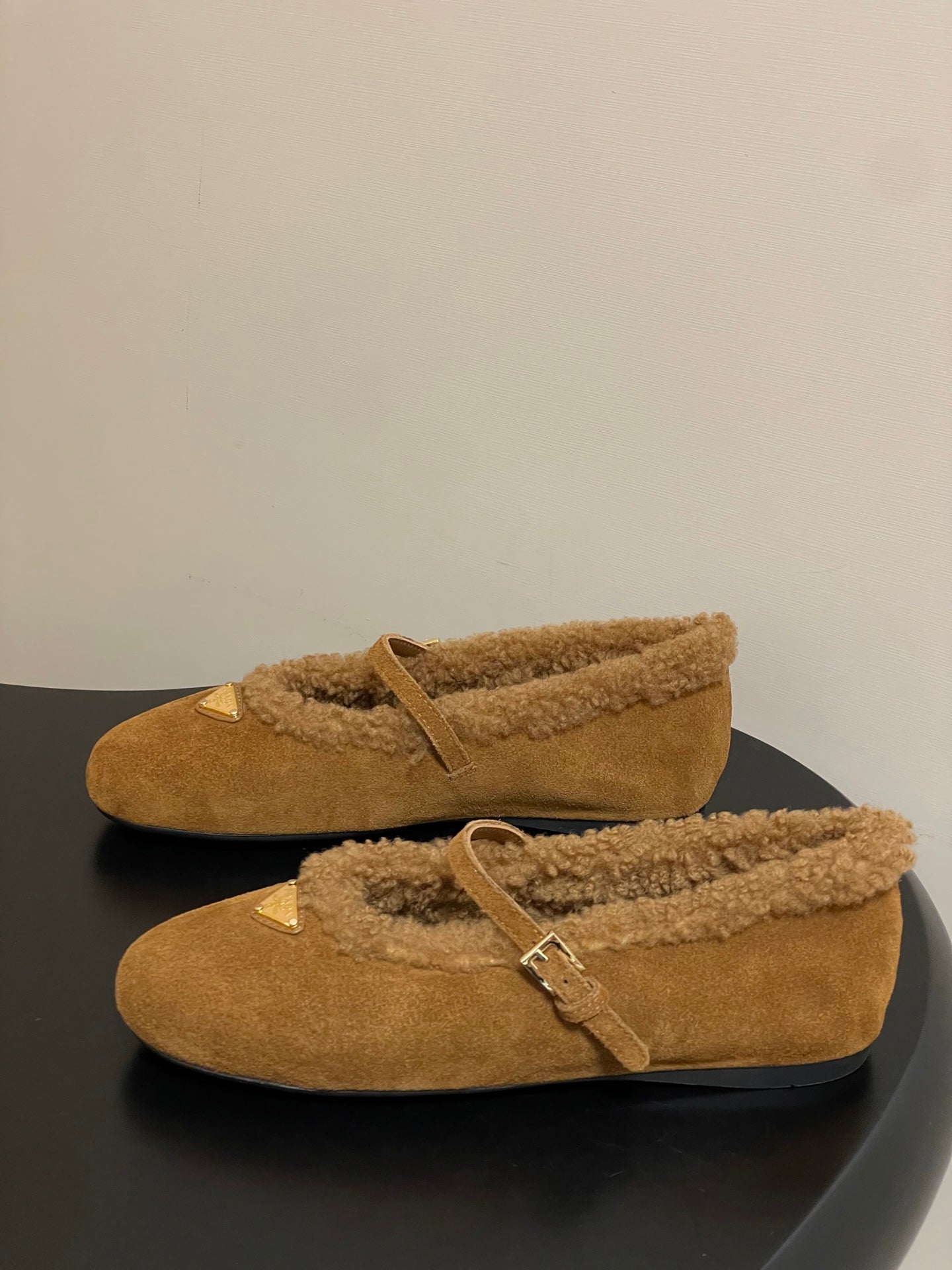 PRADA 25S MARY JANE FLATS IN DARK WALNUT BROWN SUEDE WITH GOLD HARDWARE - 35