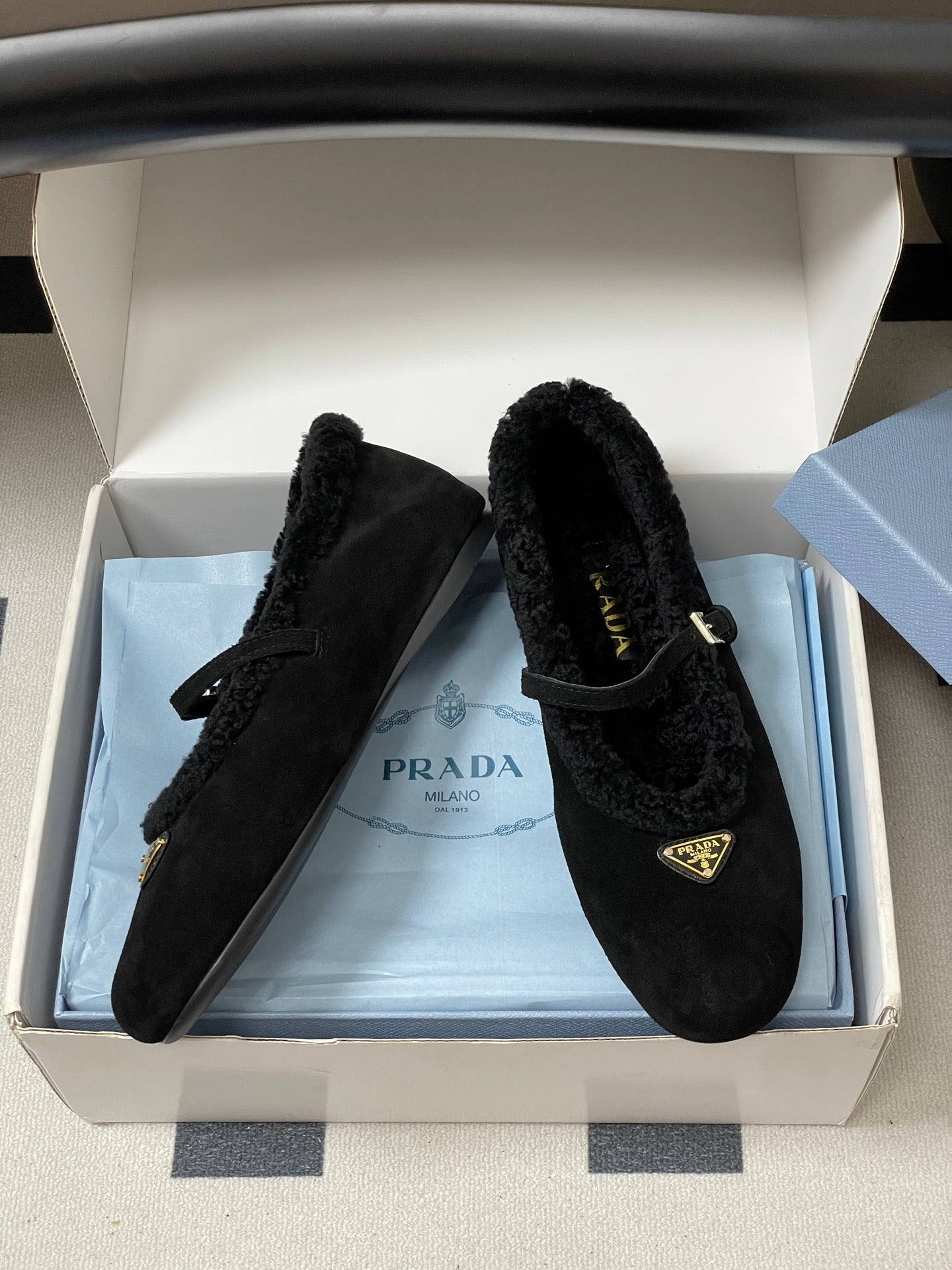 PRADA 25S MARY JANE FLATS IN BLACK SUEDE WITH GOLD HARDWARE - 35