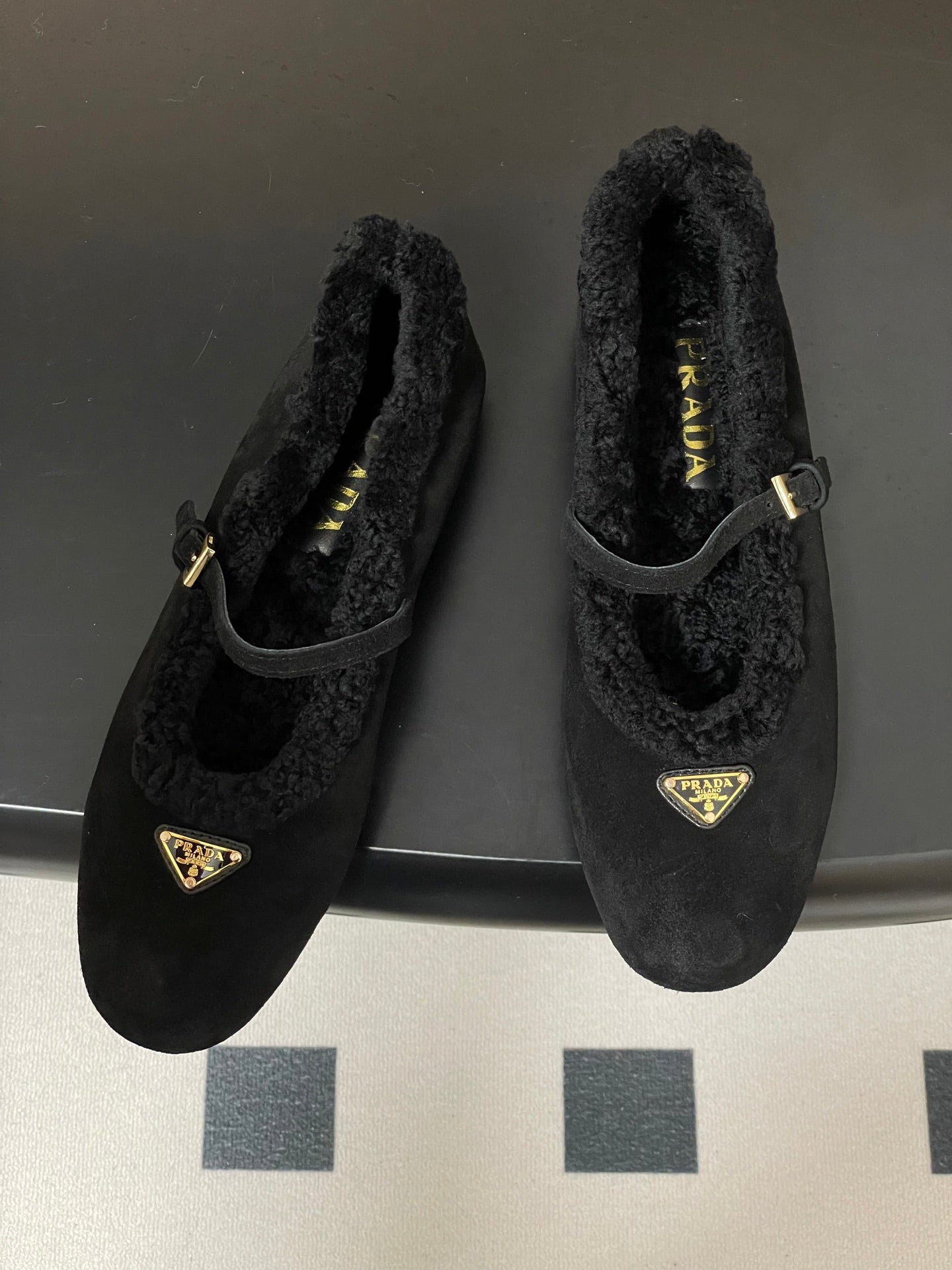 PRADA 25S MARY JANE FLATS IN BLACK SUEDE WITH GOLD HARDWARE - 35