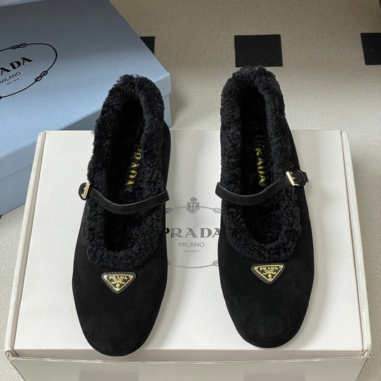 PRADA 25S MARY JANE FLATS IN BLACK SUEDE WITH GOLD HARDWARE - 35