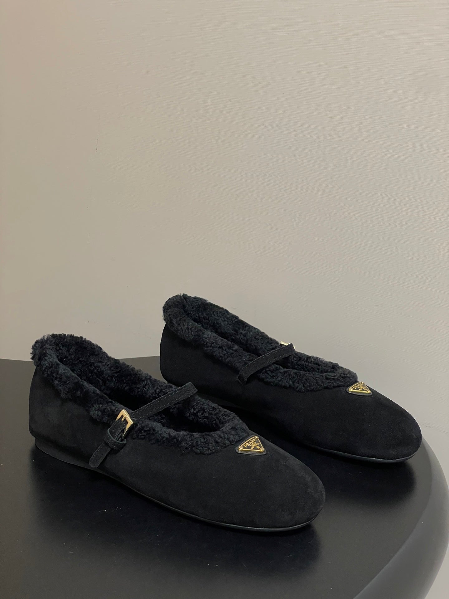 PRADA 25S MARY JANE FLATS IN BLACK SUEDE WITH GOLD HARDWARE - 35