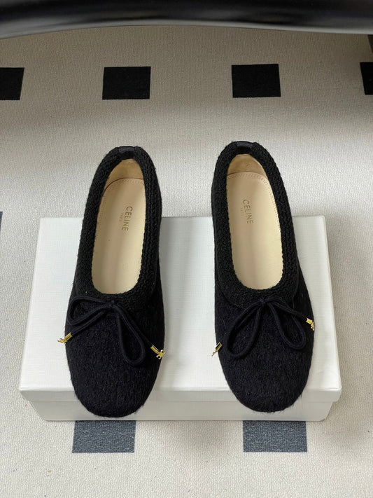 БАЛЕТКИ CELINE 26S ЧОРНІ З ВОВНИ З БАНТОМ