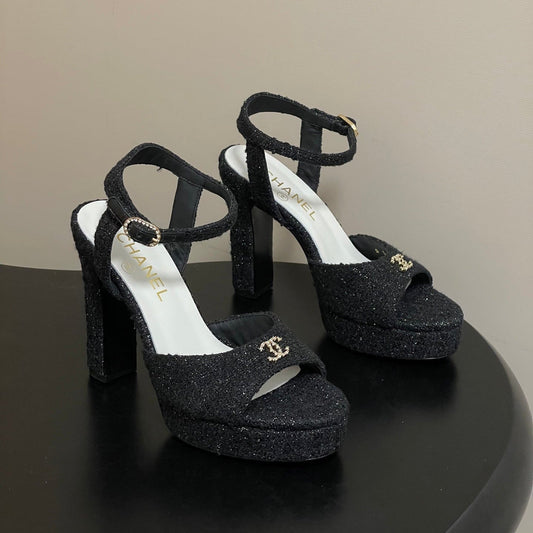 БОСОНІЖКИ НА ВИСОКИХ ПІДБОРАХ CHANEL 26S, 120 ММ, ЧОРНИЙ ТВІД