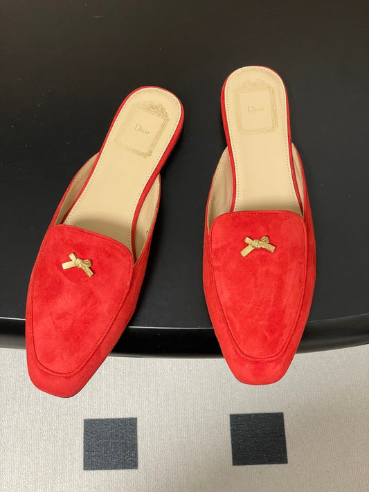 Мюлі DIOR 26S З ЧЕРВОНОЇ ЗАМШІ З БАНТОМ