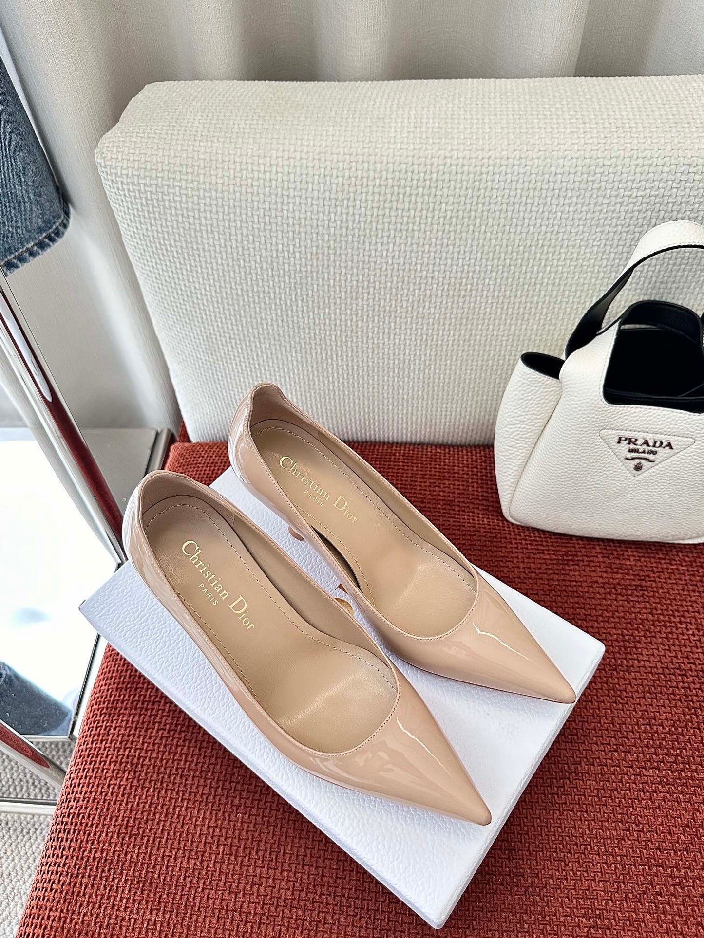DIOR TRIBALES HIGH HEELS 80 MM 25S IN BEIGE GLOSSY LEATHER - 34