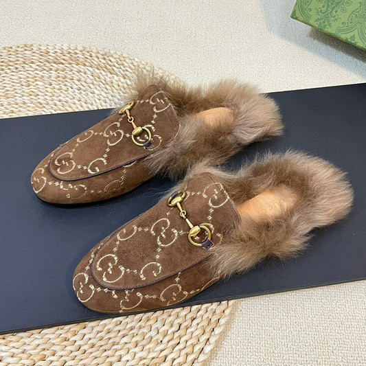 HORSEBIT MULE IN COCOA BROWN MONOGRAM VELVET AND LAMB WOOL LINING - 35