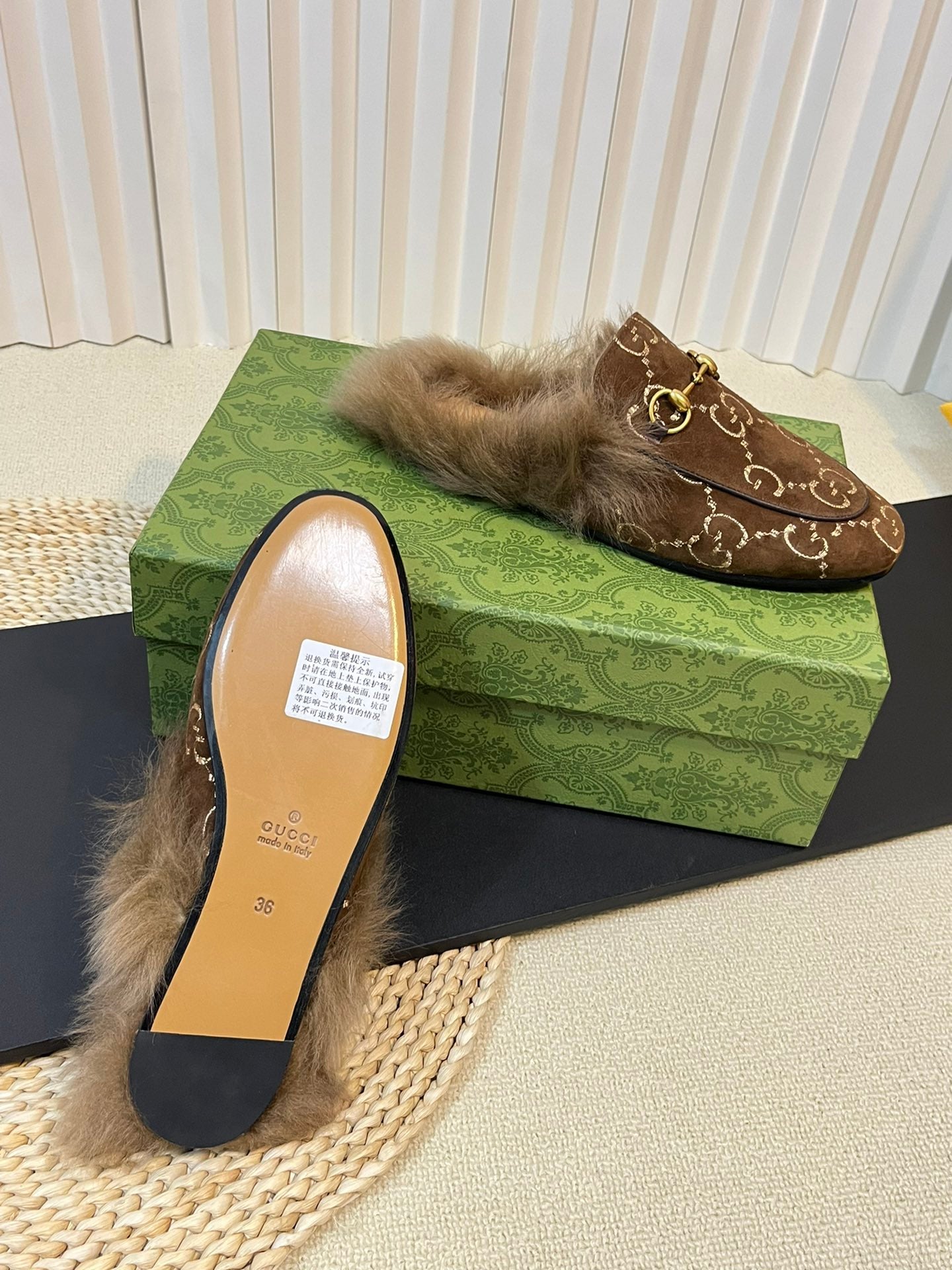 HORSEBIT MULE IN COCOA BROWN MONOGRAM VELVET AND LAMB WOOL LINING - 35