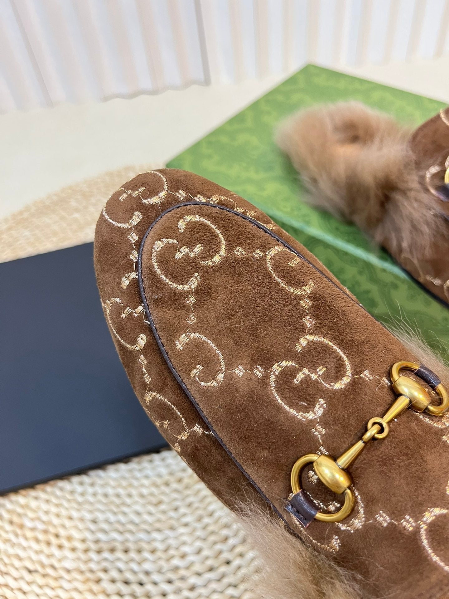 HORSEBIT MULE IN COCOA BROWN MONOGRAM VELVET AND LAMB WOOL LINING - 35