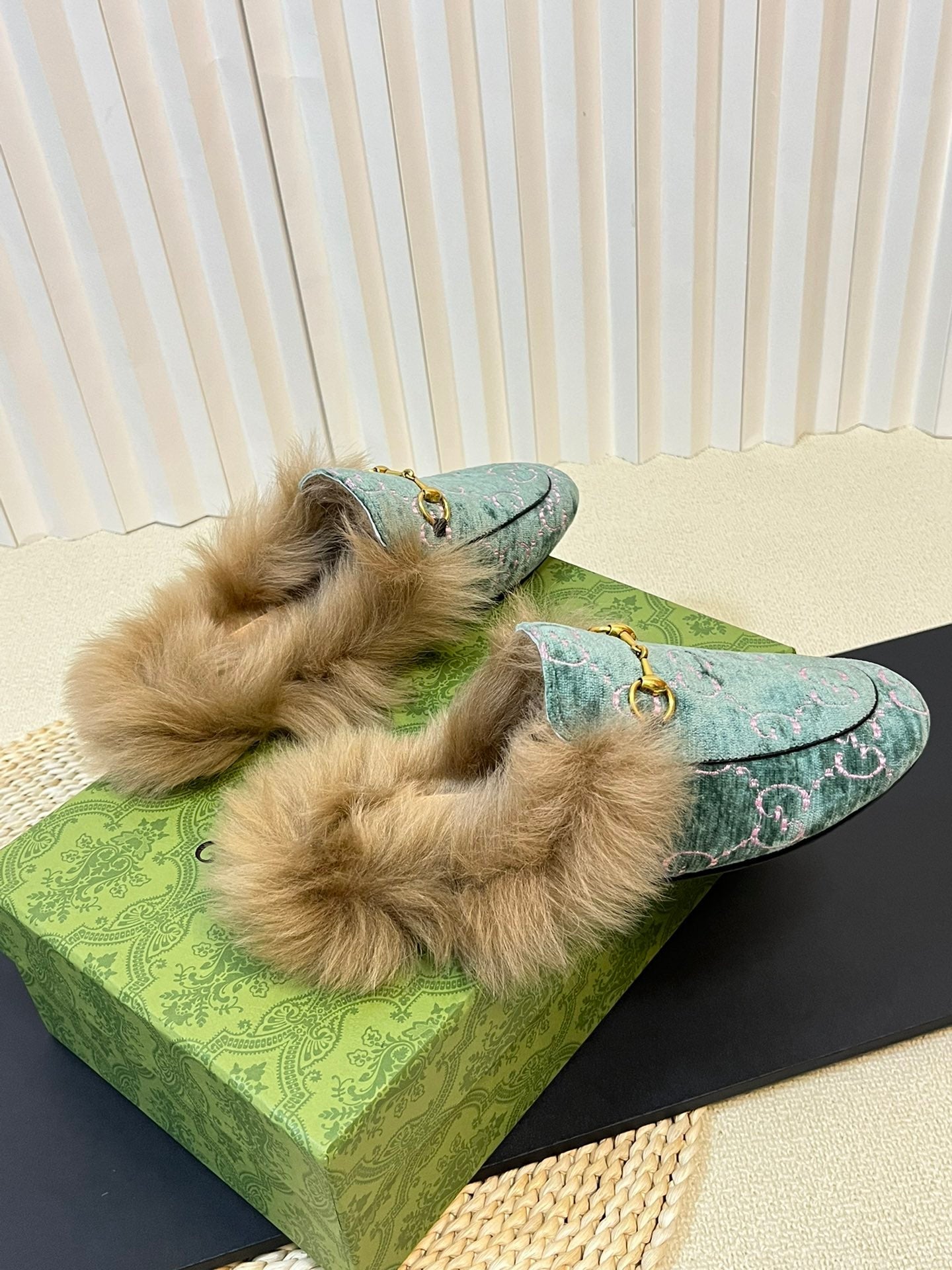 HORSEBIT MULE IN TURQUOISE MONOGRAM VELVET AND LAMB WOOL LINING - 35