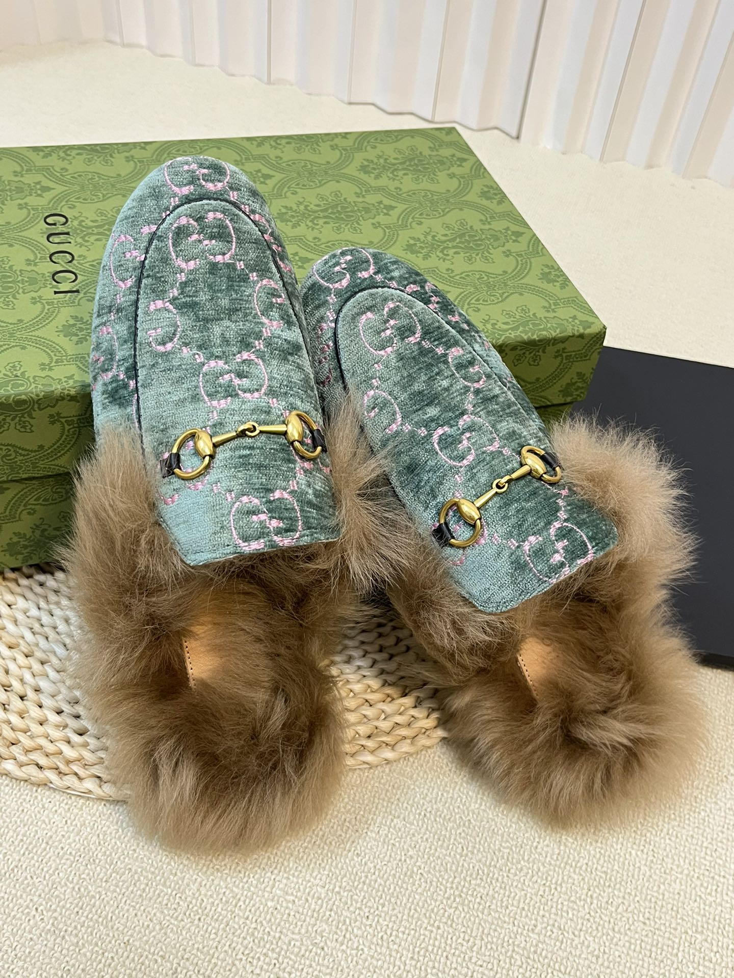 HORSEBIT MULE IN TURQUOISE MONOGRAM VELVET AND LAMB WOOL LINING - 35