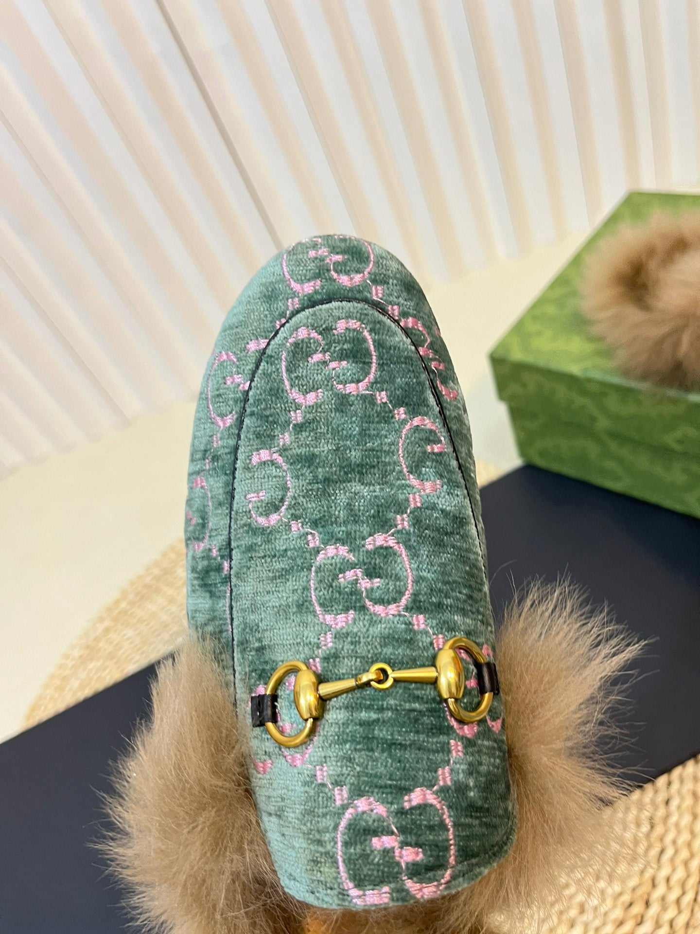 HORSEBIT MULE IN TURQUOISE MONOGRAM VELVET AND LAMB WOOL LINING - 35