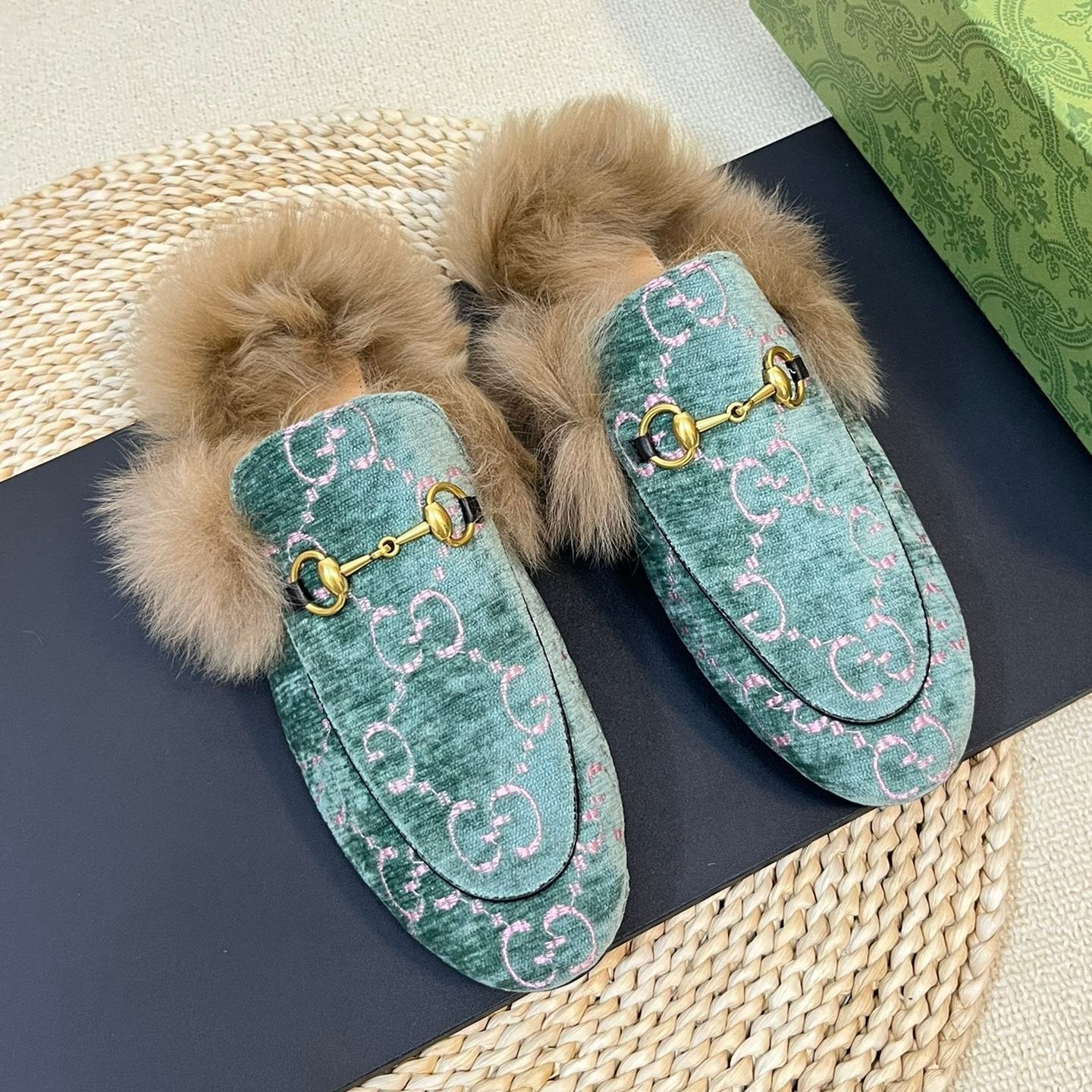 HORSEBIT MULE IN TURQUOISE MONOGRAM VELVET AND LAMB WOOL LINING - 35